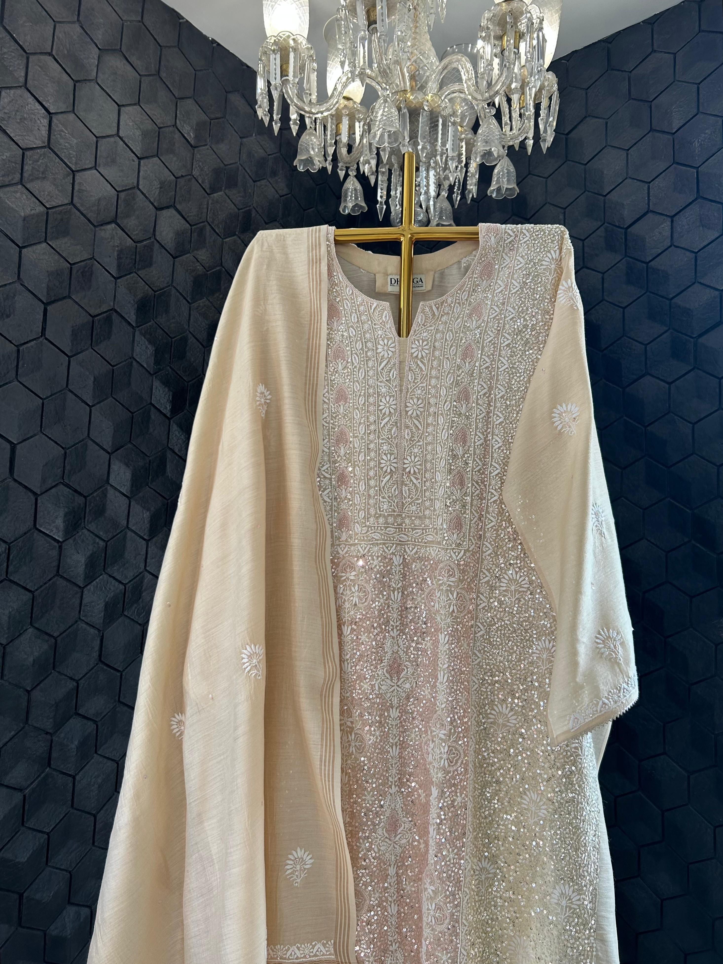 Beige Moonga silk chikankari kurta set