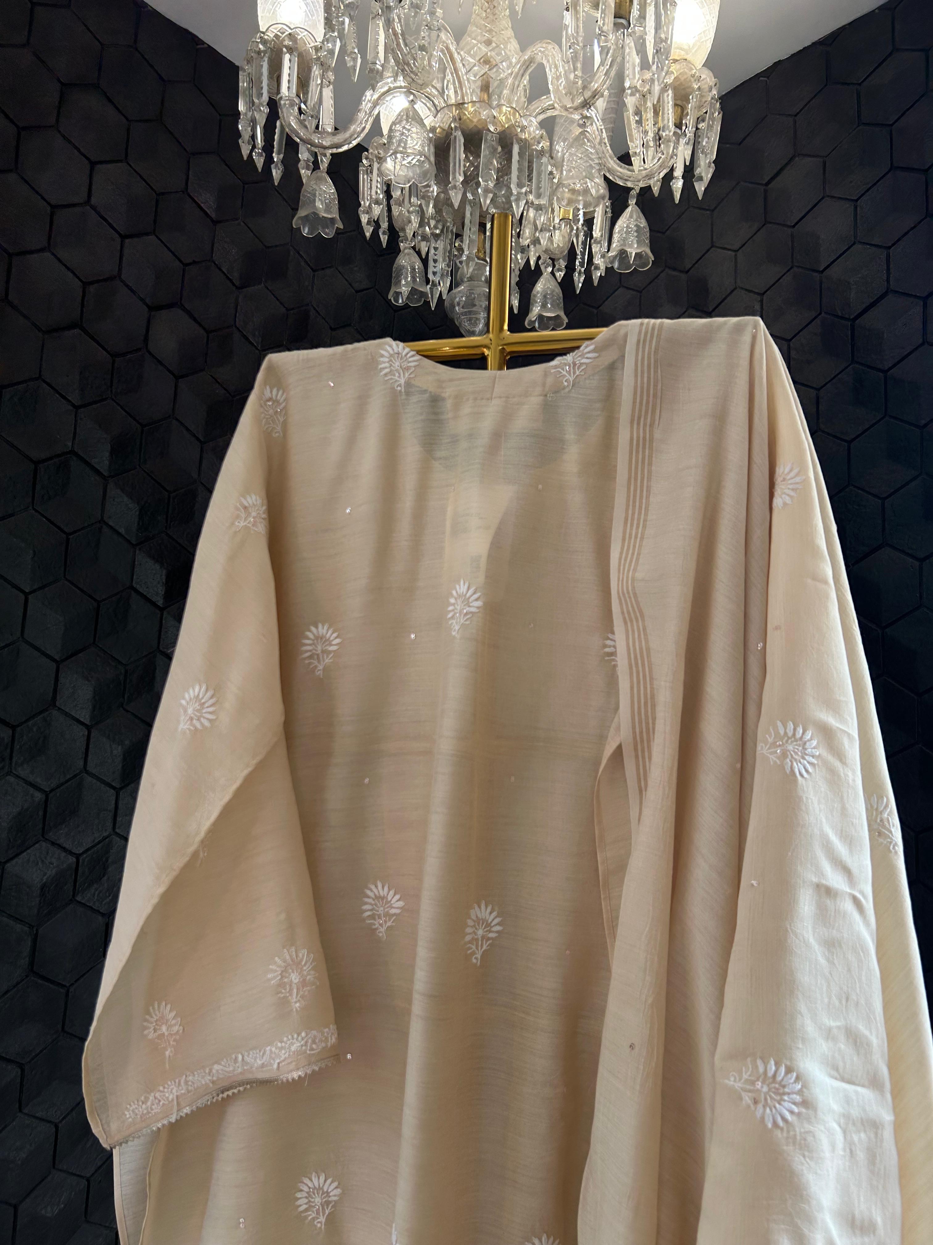 Beige Moonga silk chikankari kurta set