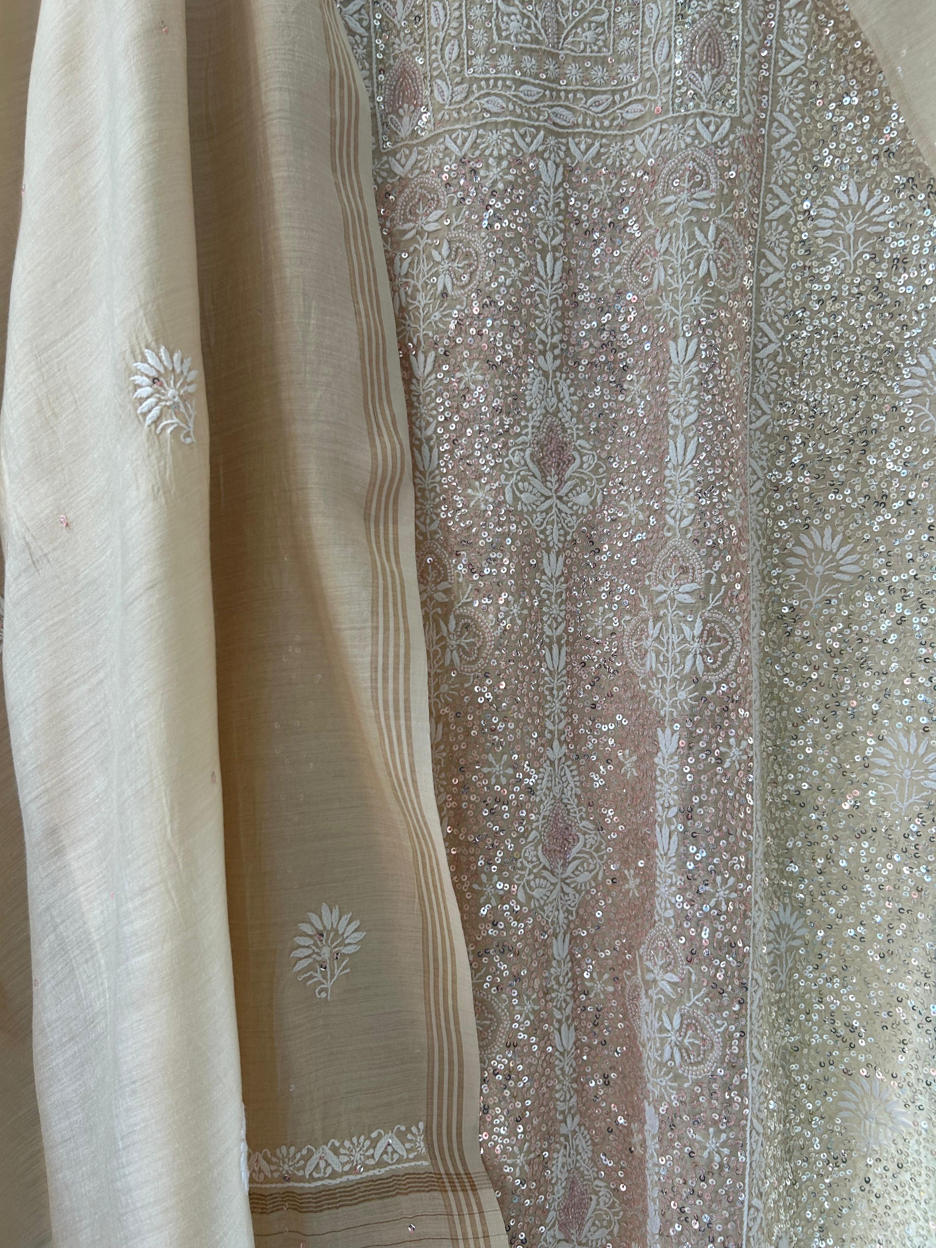 Beige Moonga silk chikankari kurta set