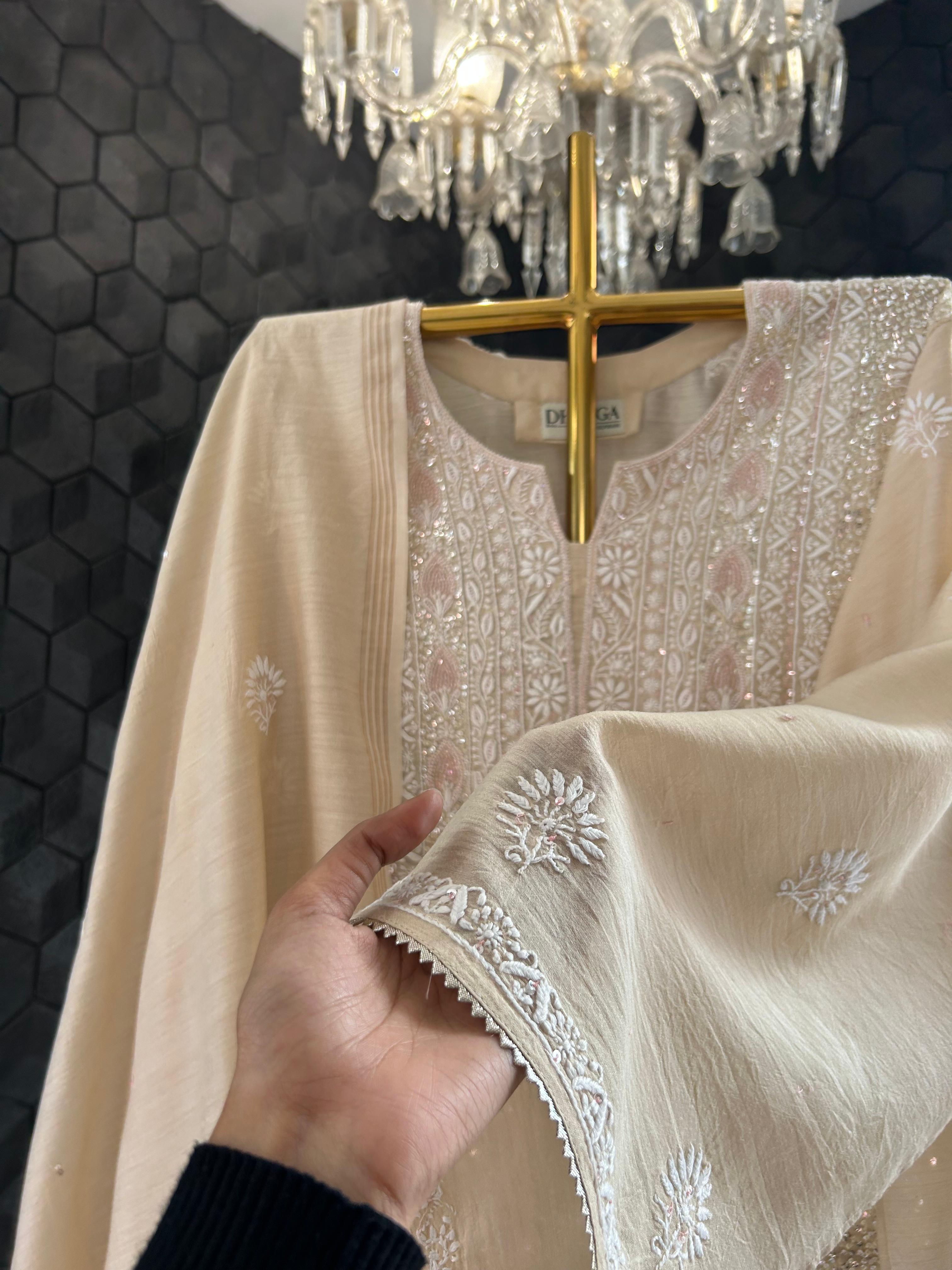 Beige Moonga silk chikankari kurta set