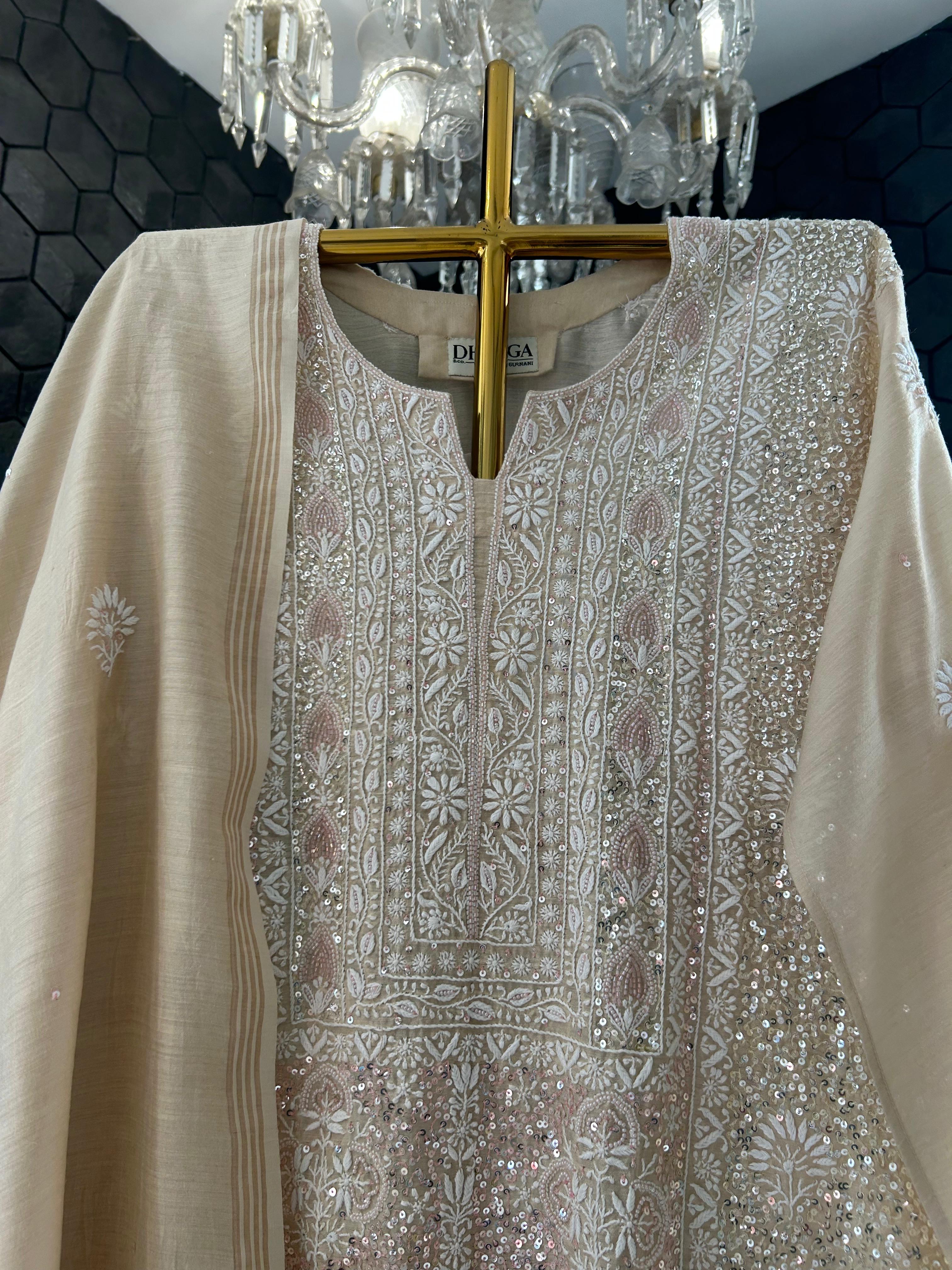 Beige Moonga silk chikankari kurta set