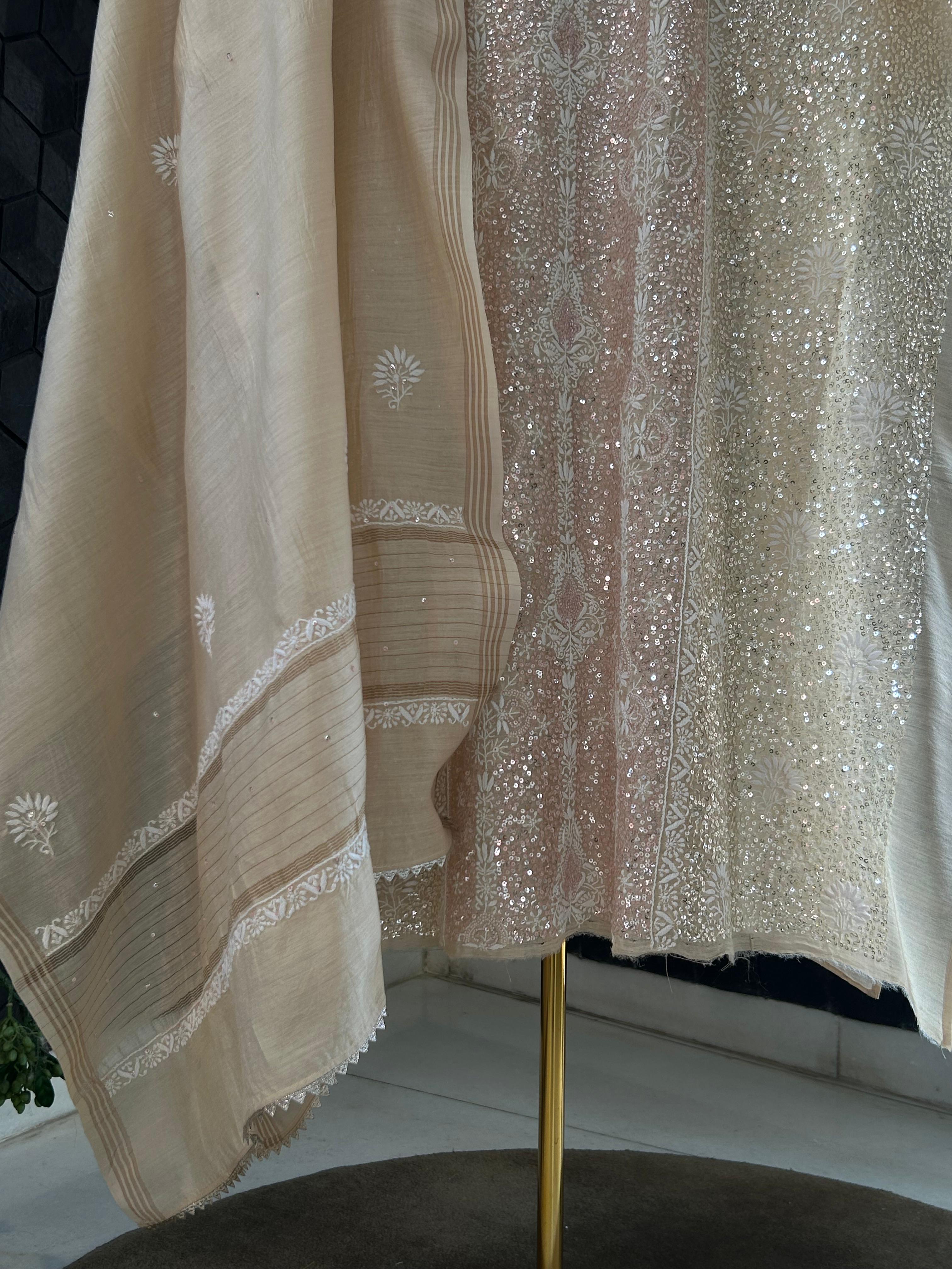 Beige Moonga silk chikankari kurta set