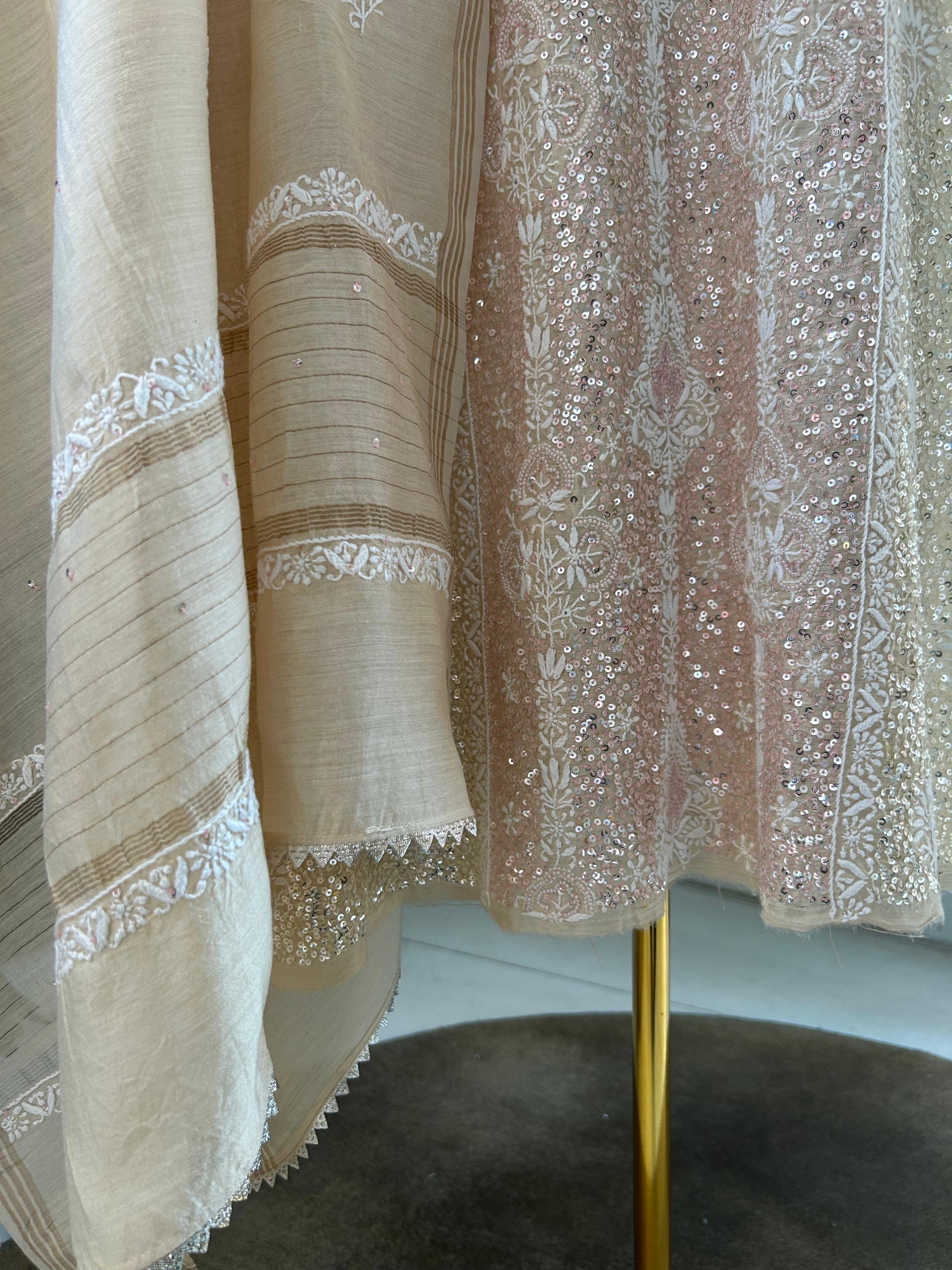 Beige Moonga silk chikankari kurta set