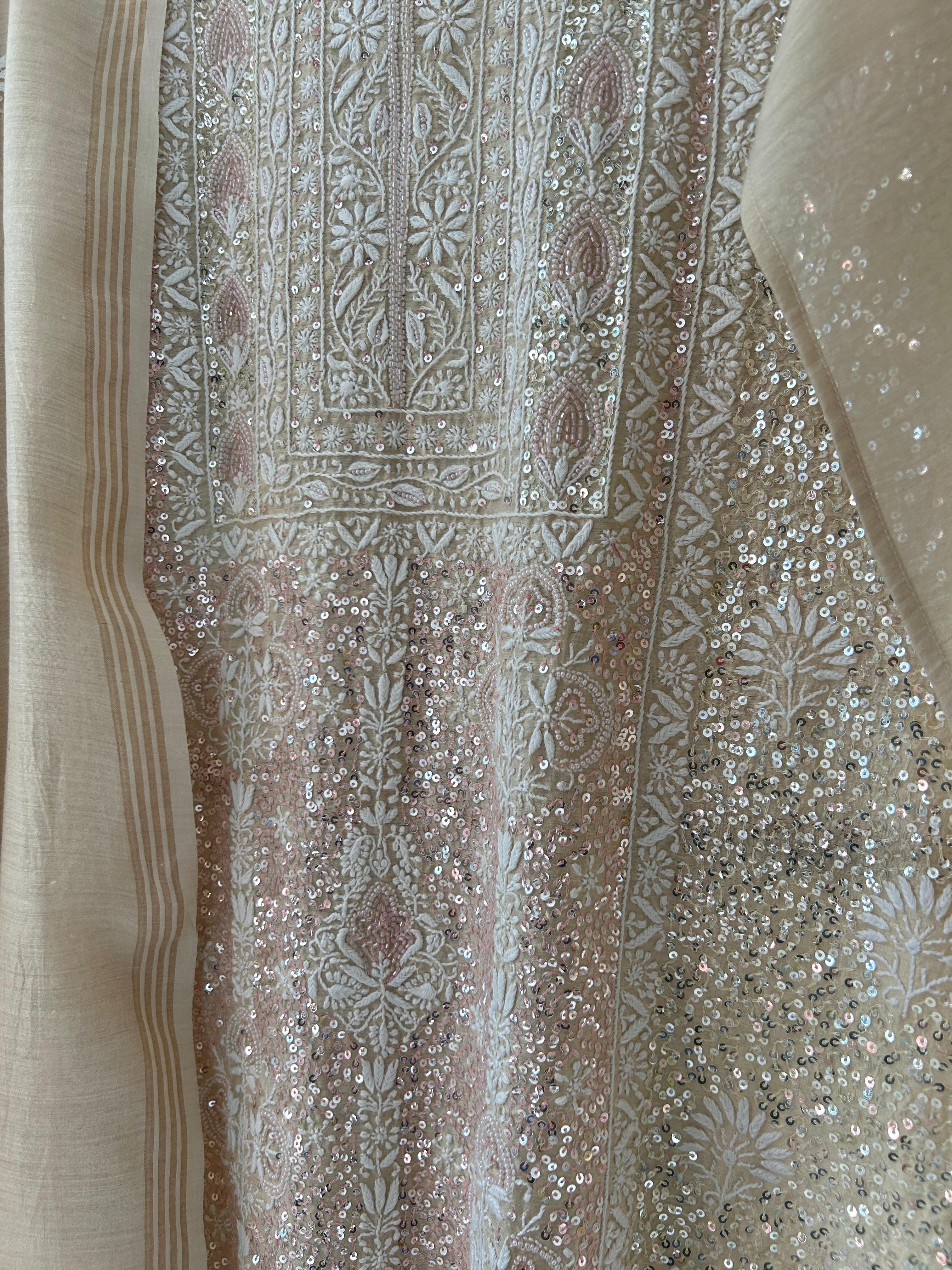 Beige Moonga silk chikankari kurta set