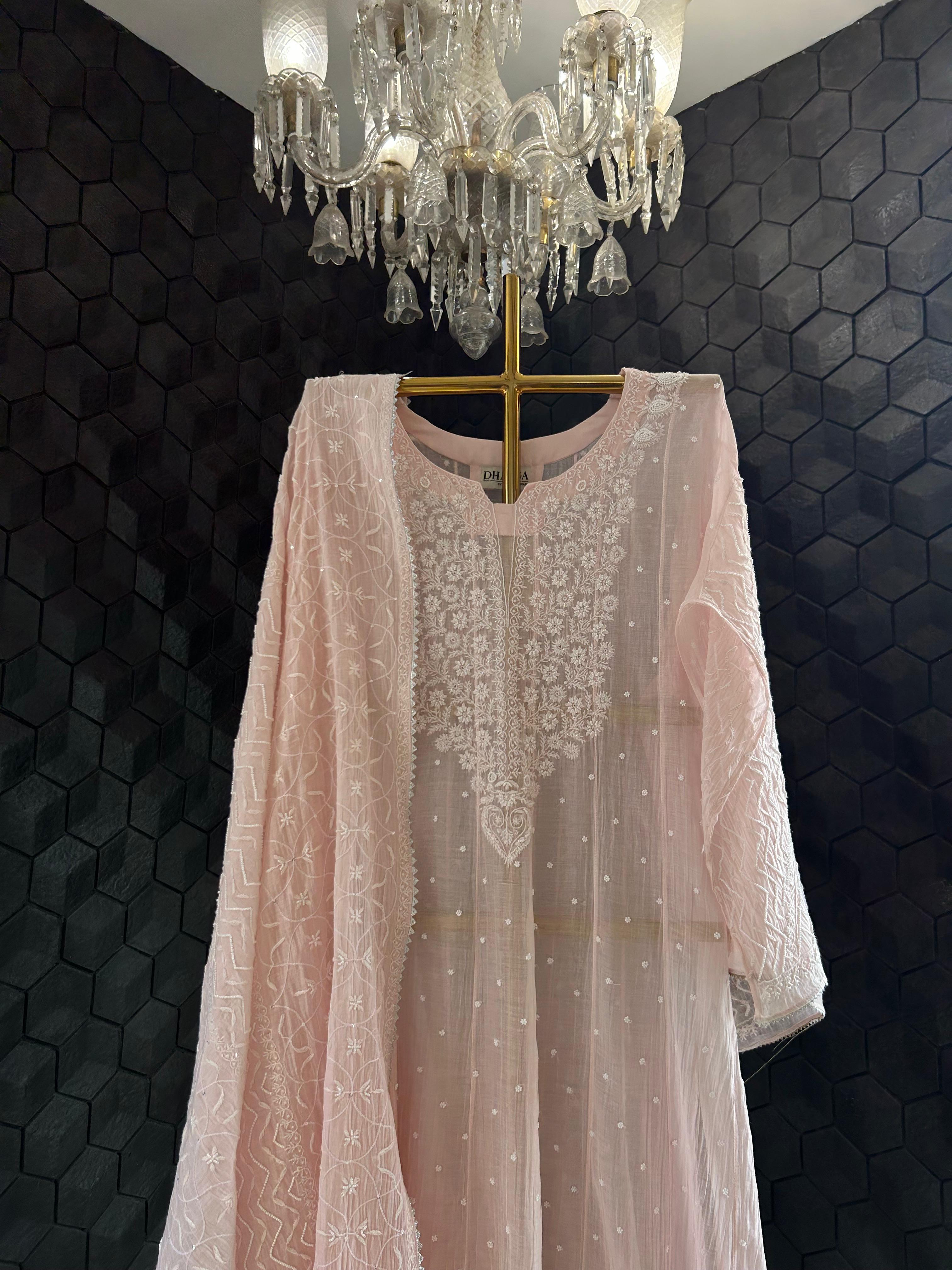 Pink mul chanderi chikankari anarkali set