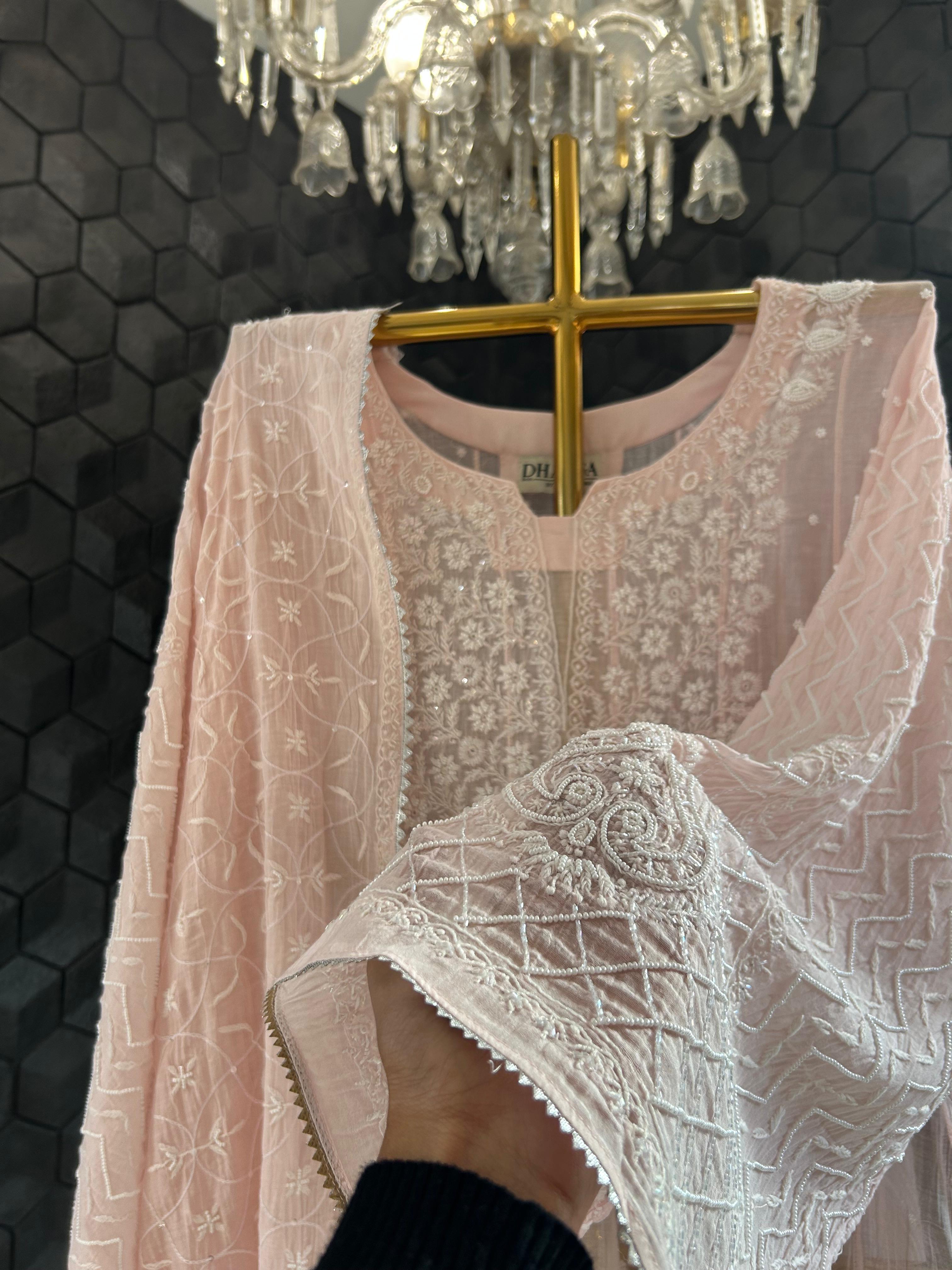 Pink mul chanderi chikankari anarkali set