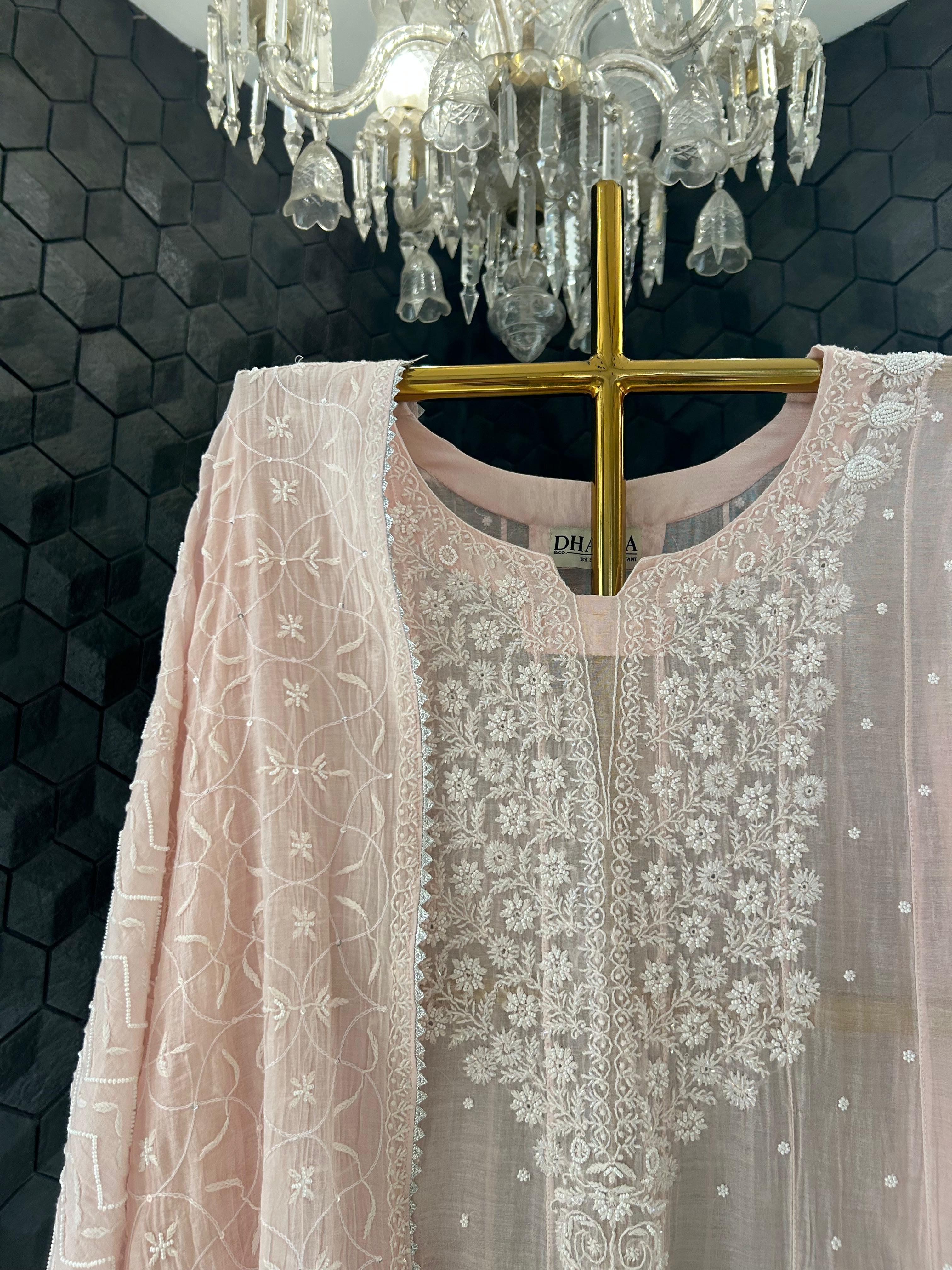 Pink mul chanderi chikankari anarkali set