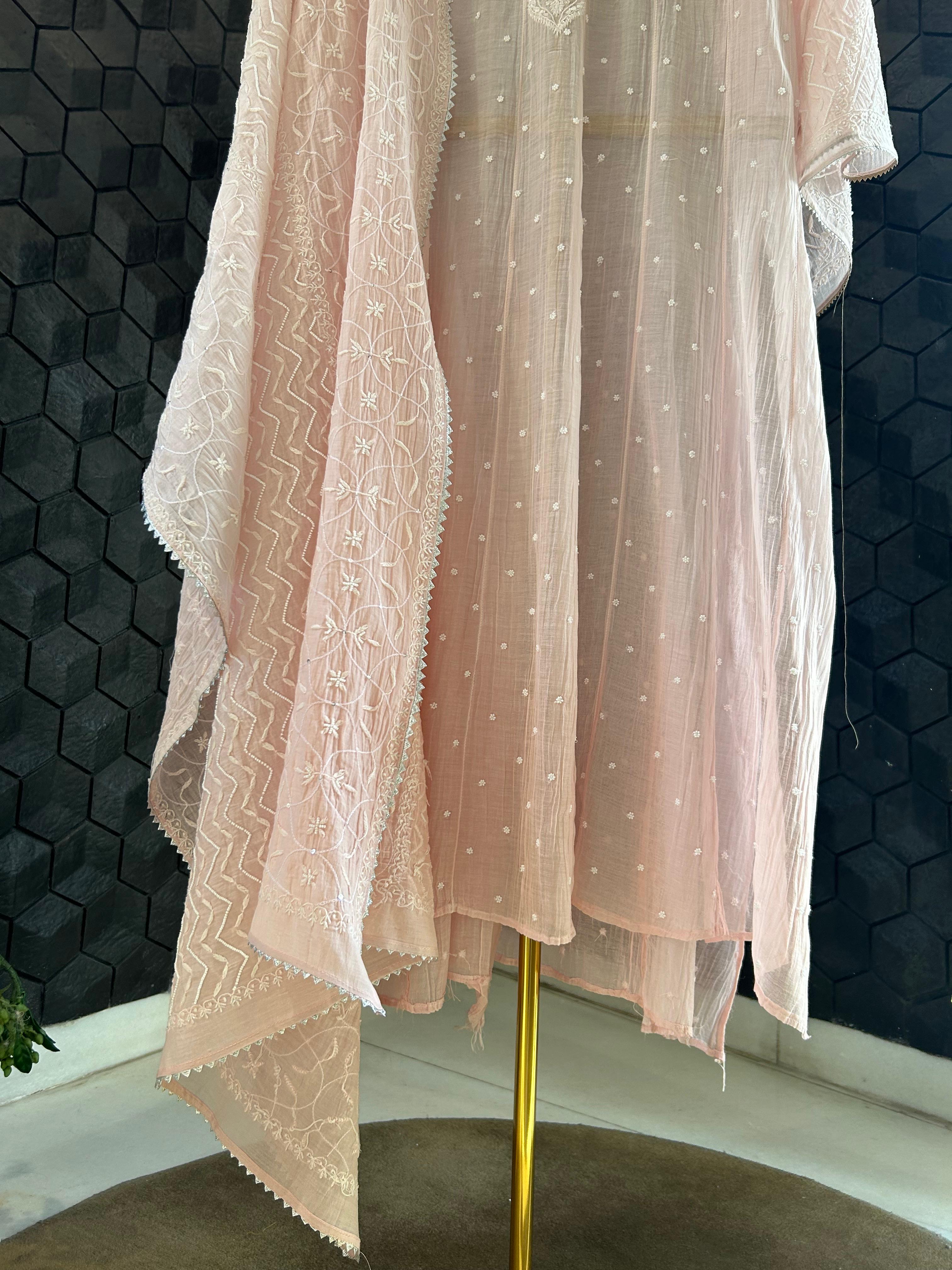 Pink mul chanderi chikankari anarkali set