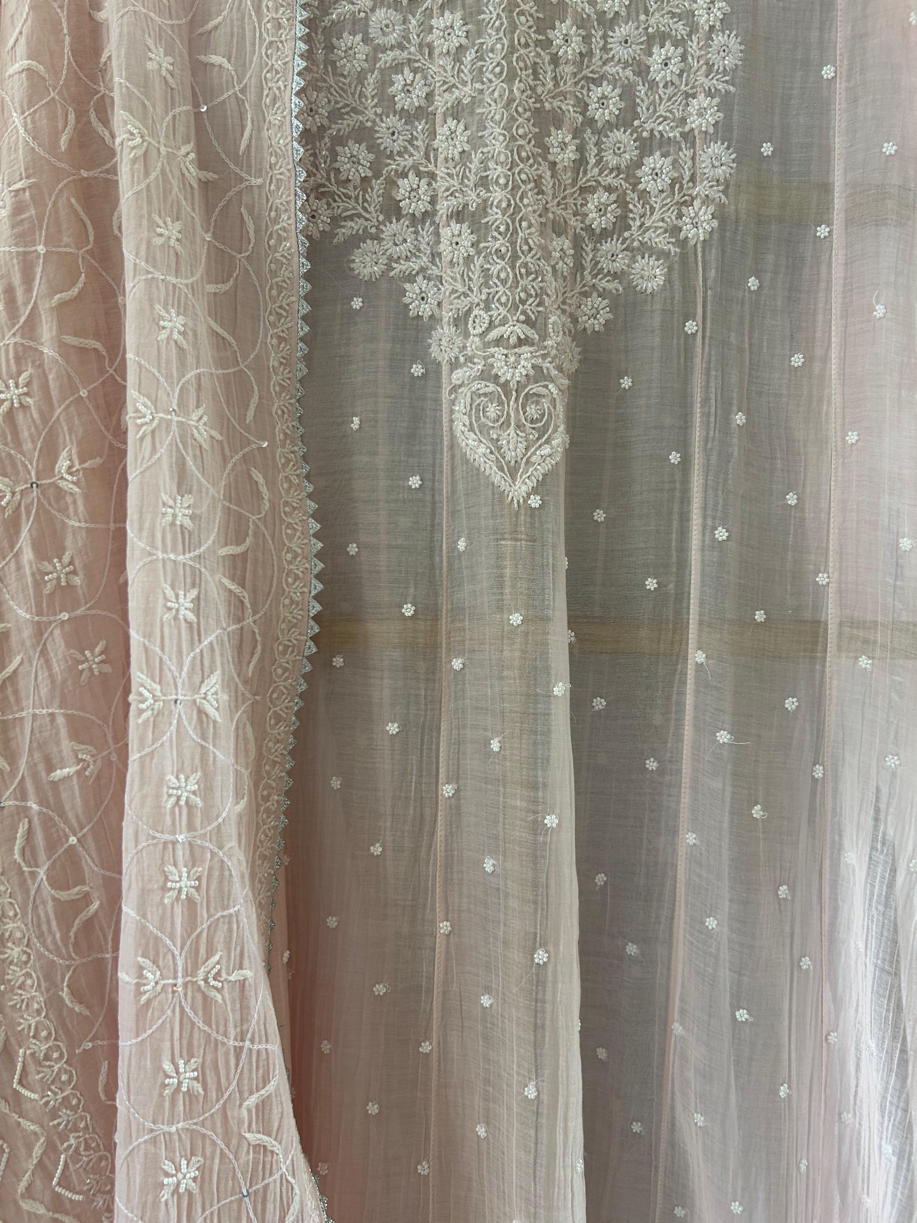 Pink mul chanderi chikankari anarkali set