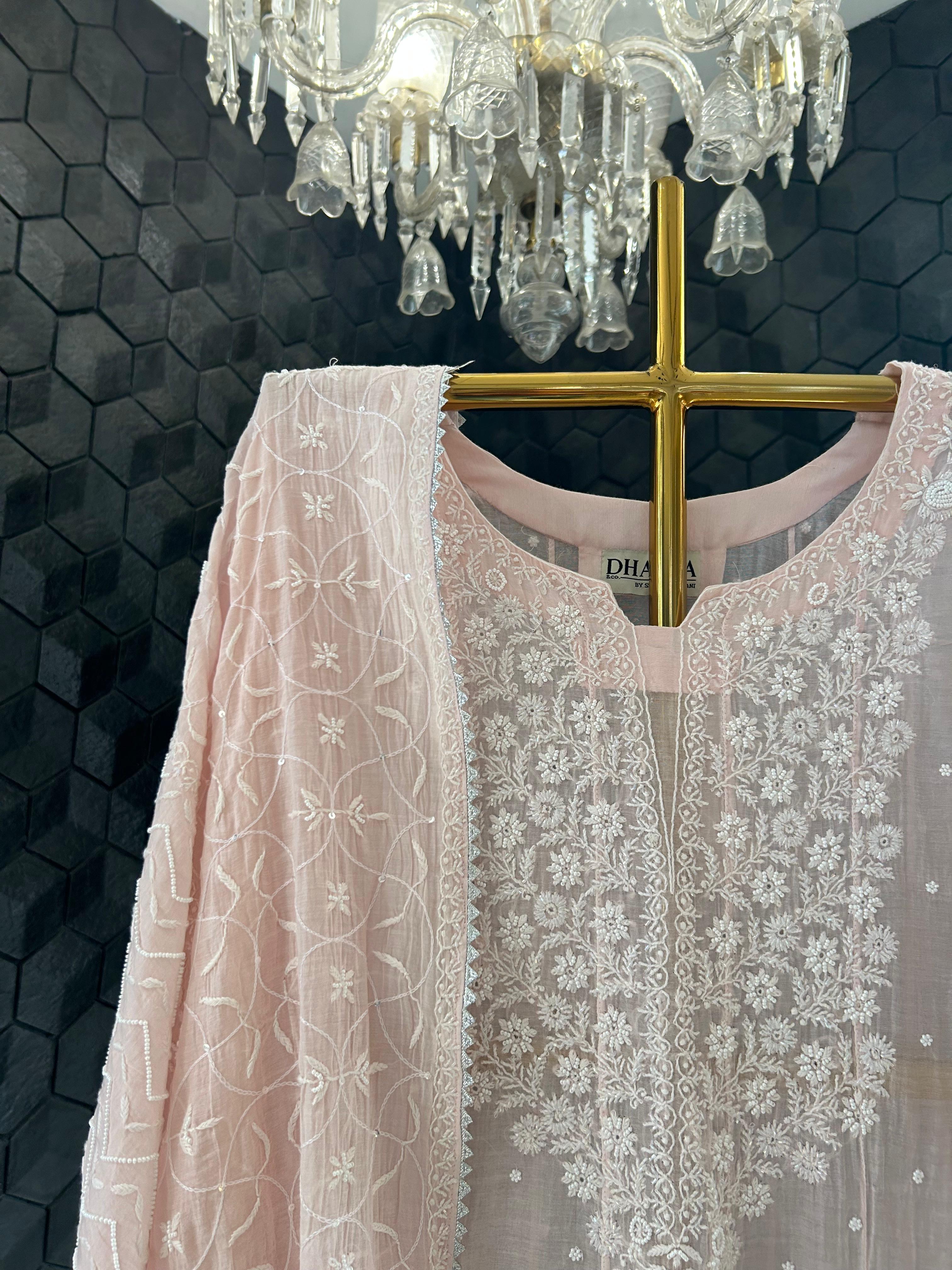 Pink mul chanderi chikankari anarkali set
