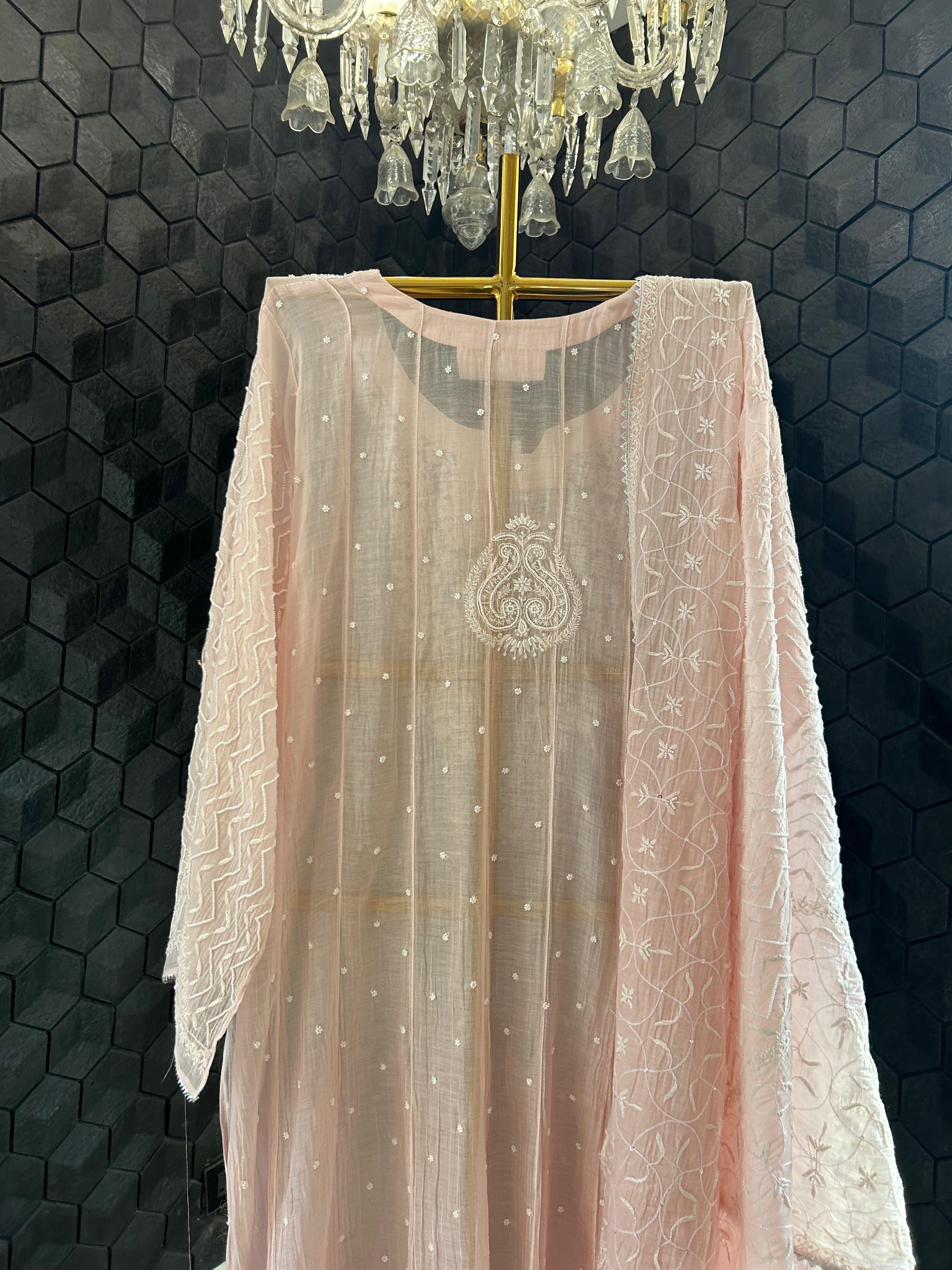 Pink mul chanderi chikankari anarkali set