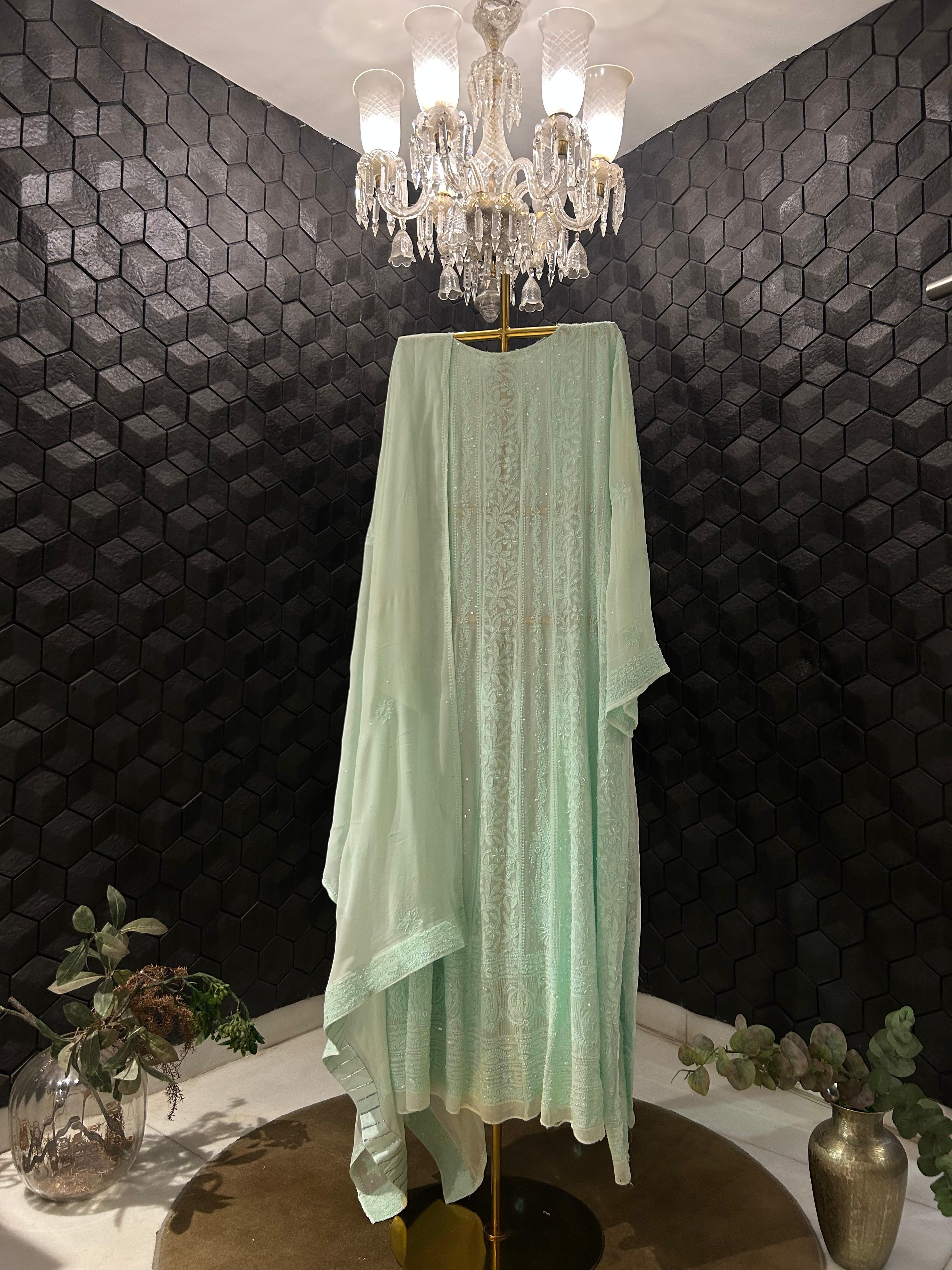 Sea green viscose chikankari anarkali set