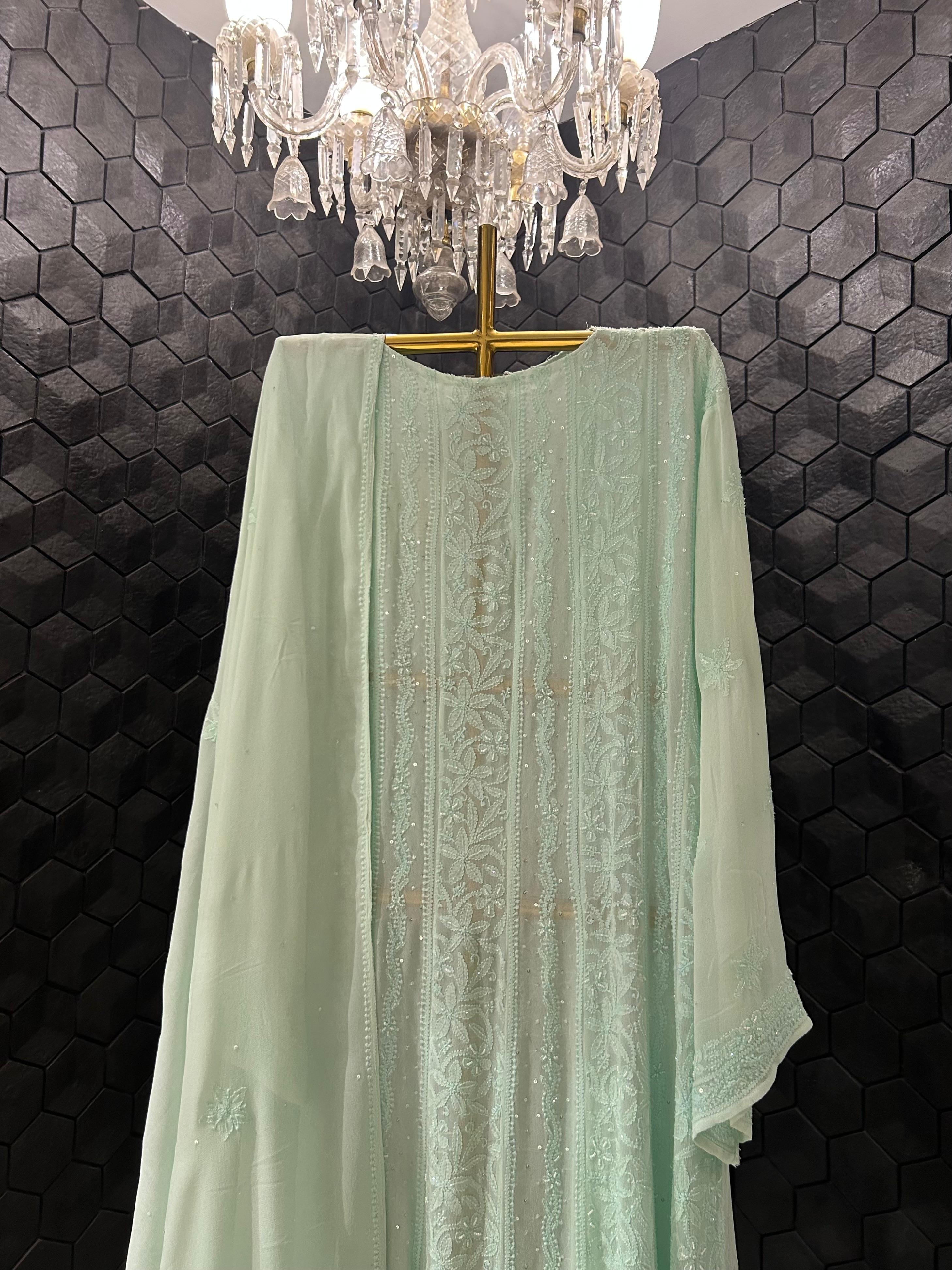 Sea green viscose chikankari anarkali set