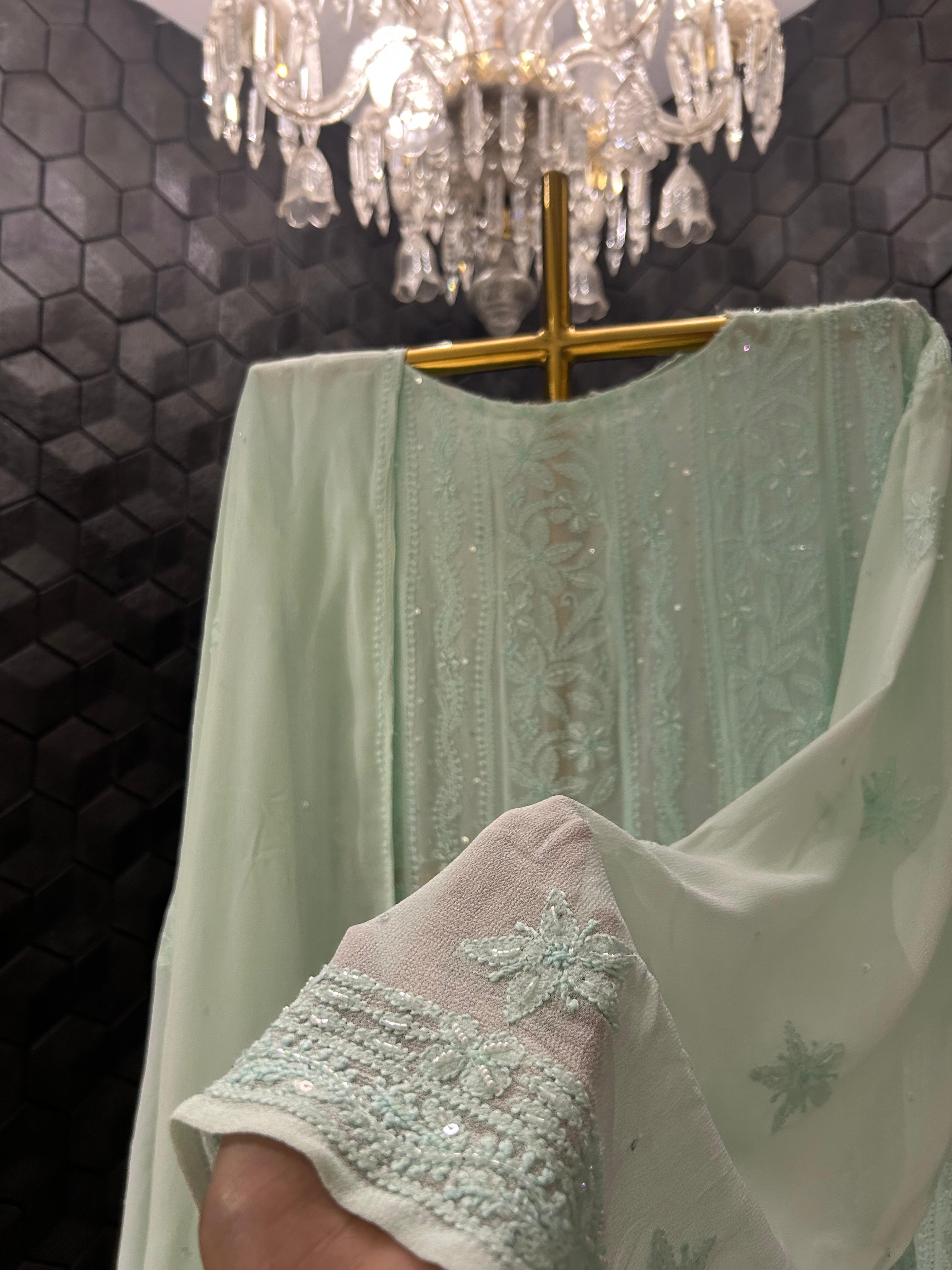 Sea green viscose chikankari anarkali set