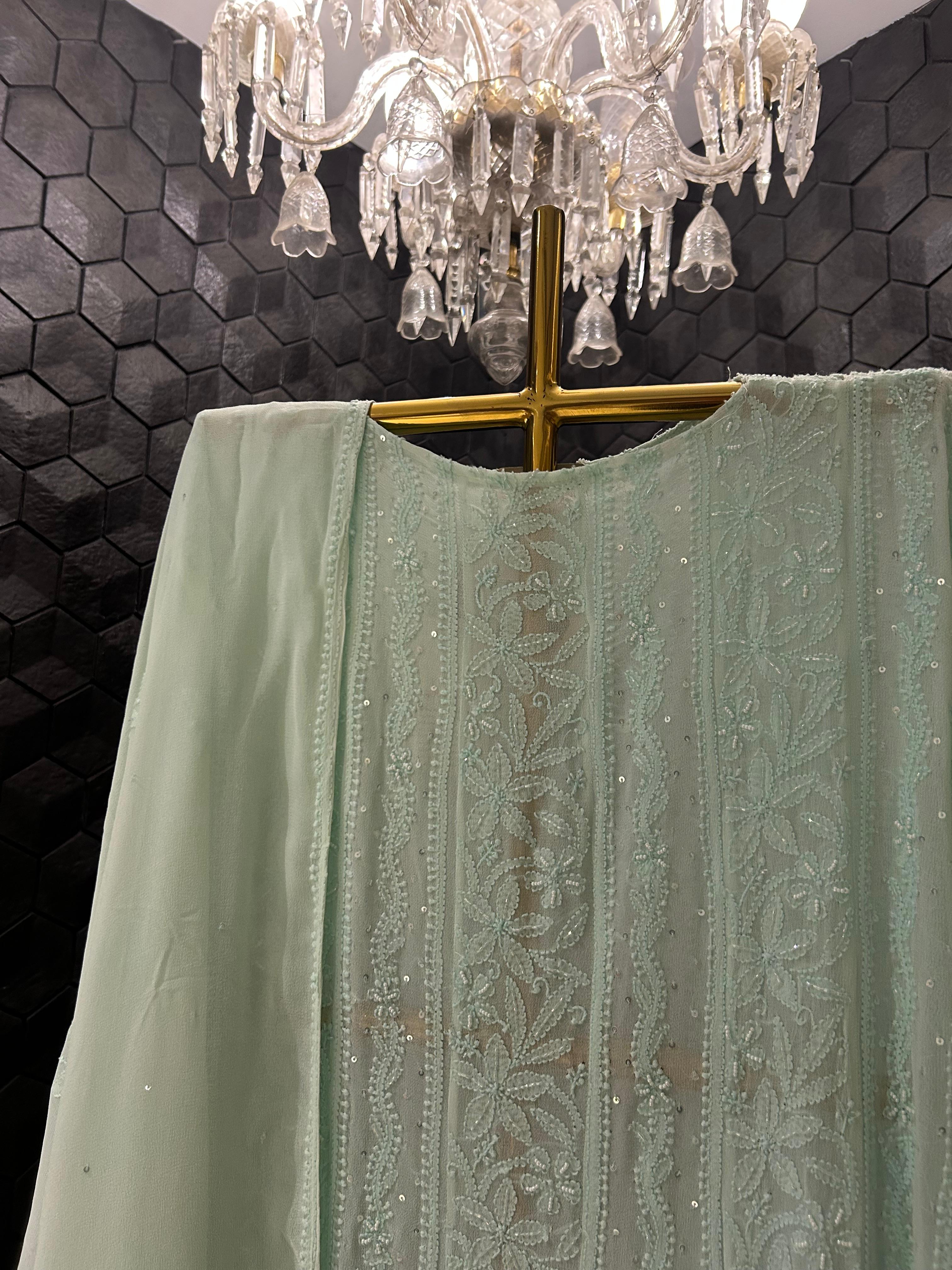Sea green viscose chikankari anarkali set