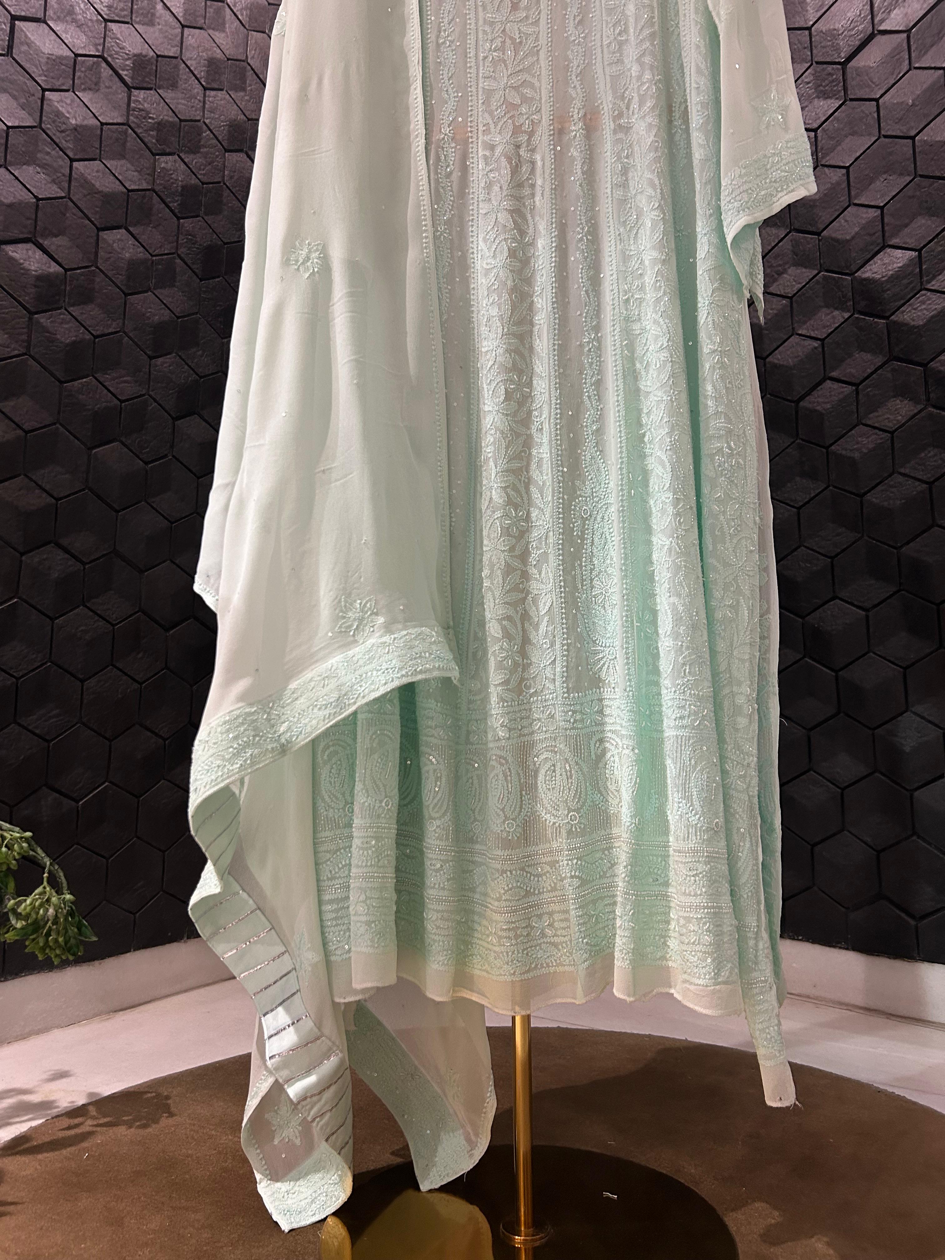Sea green viscose chikankari anarkali set