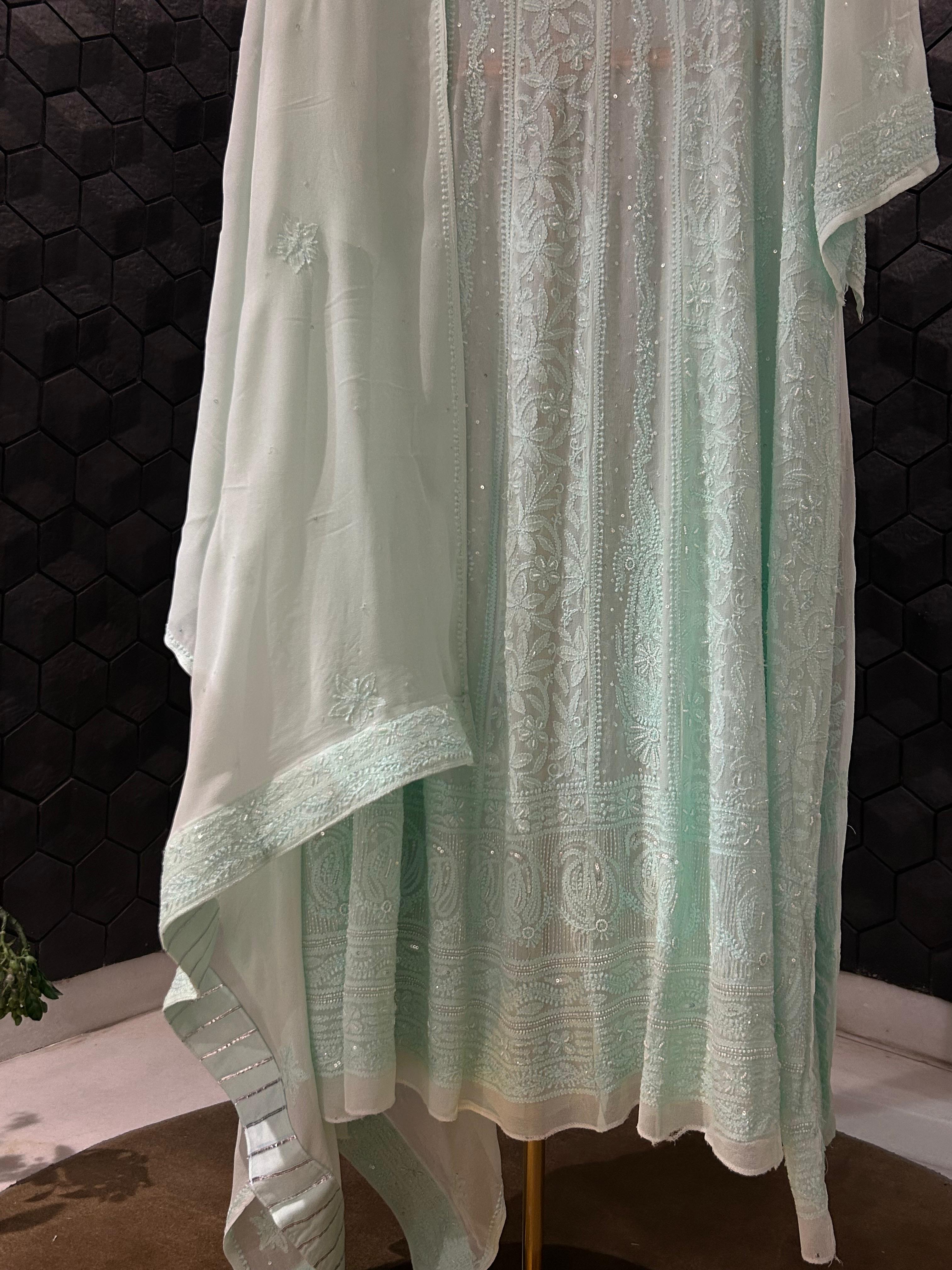 Sea green viscose chikankari anarkali set