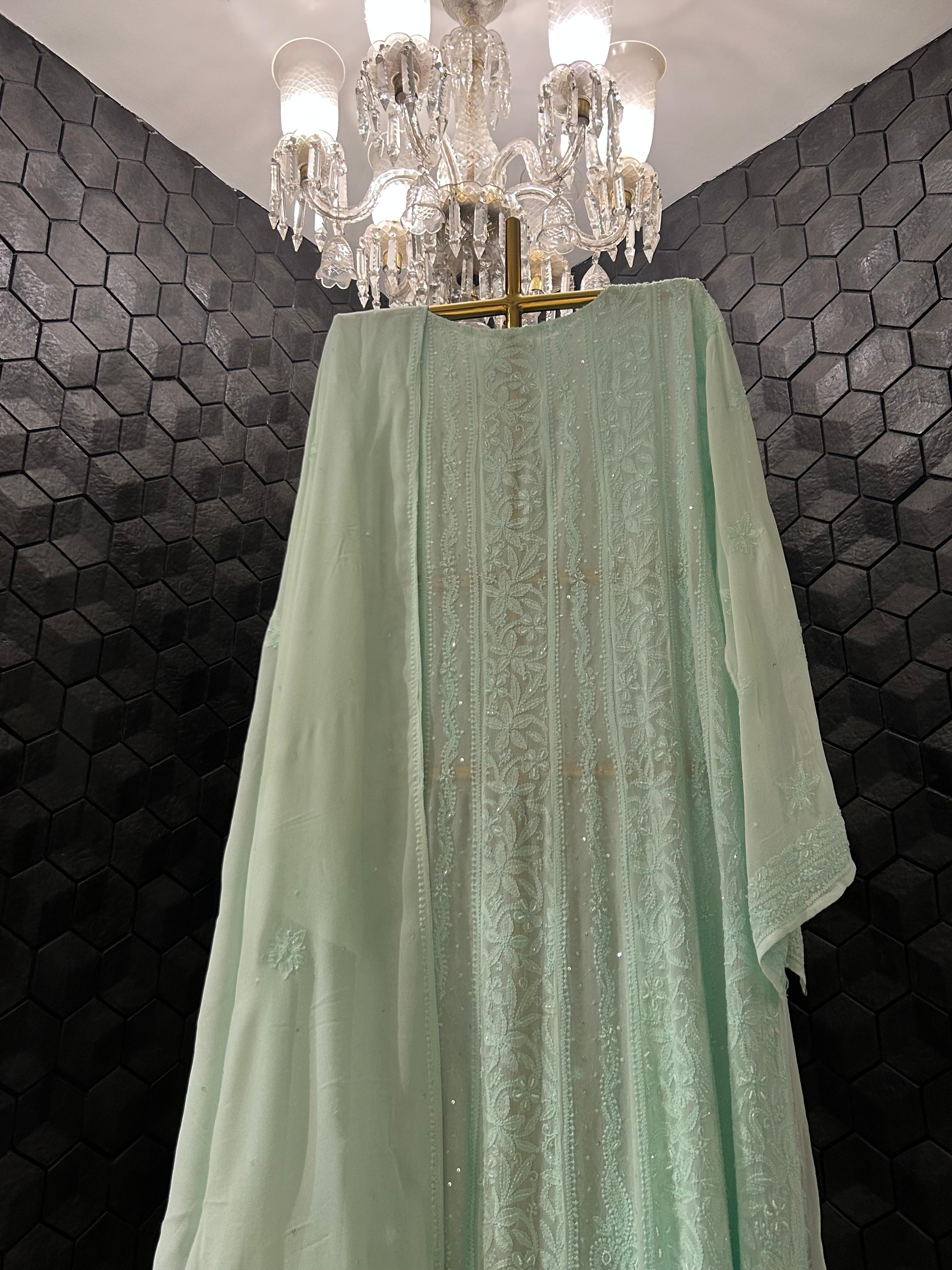 Sea green viscose chikankari anarkali set