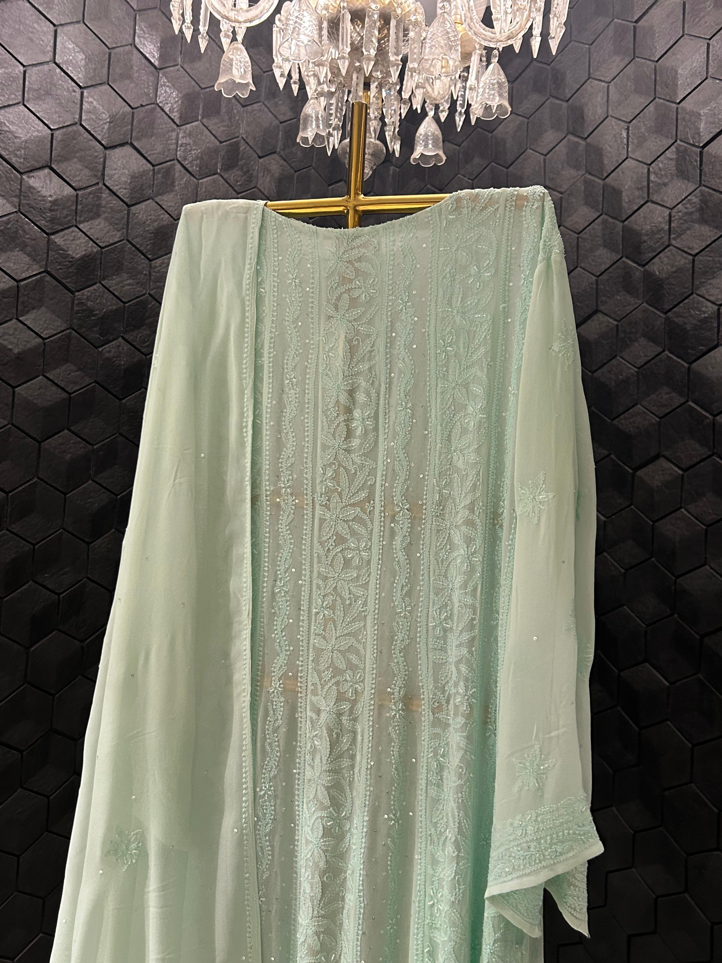 Sea green viscose chikankari anarkali set