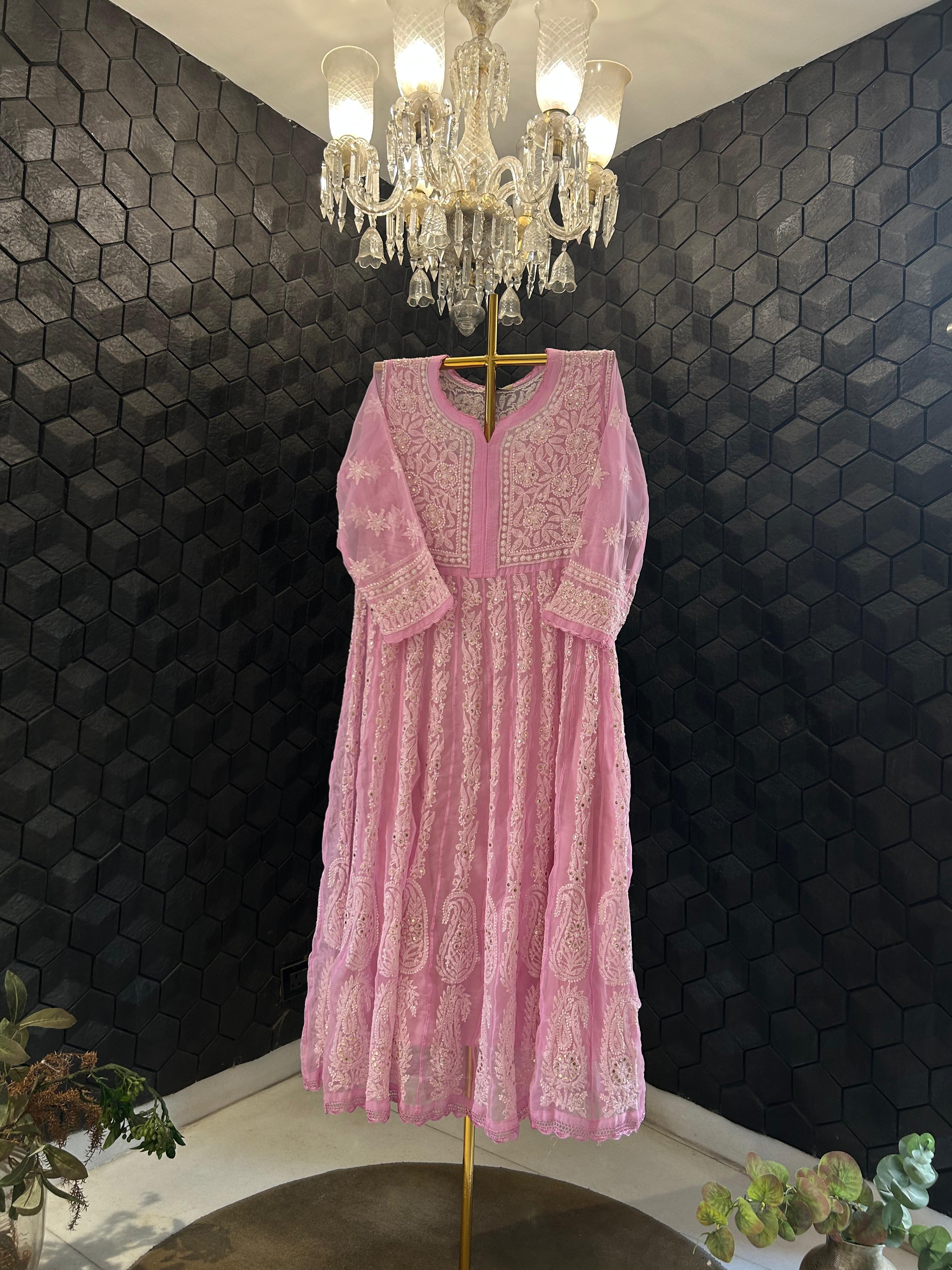 Pink Viscose chikankari anarkali set