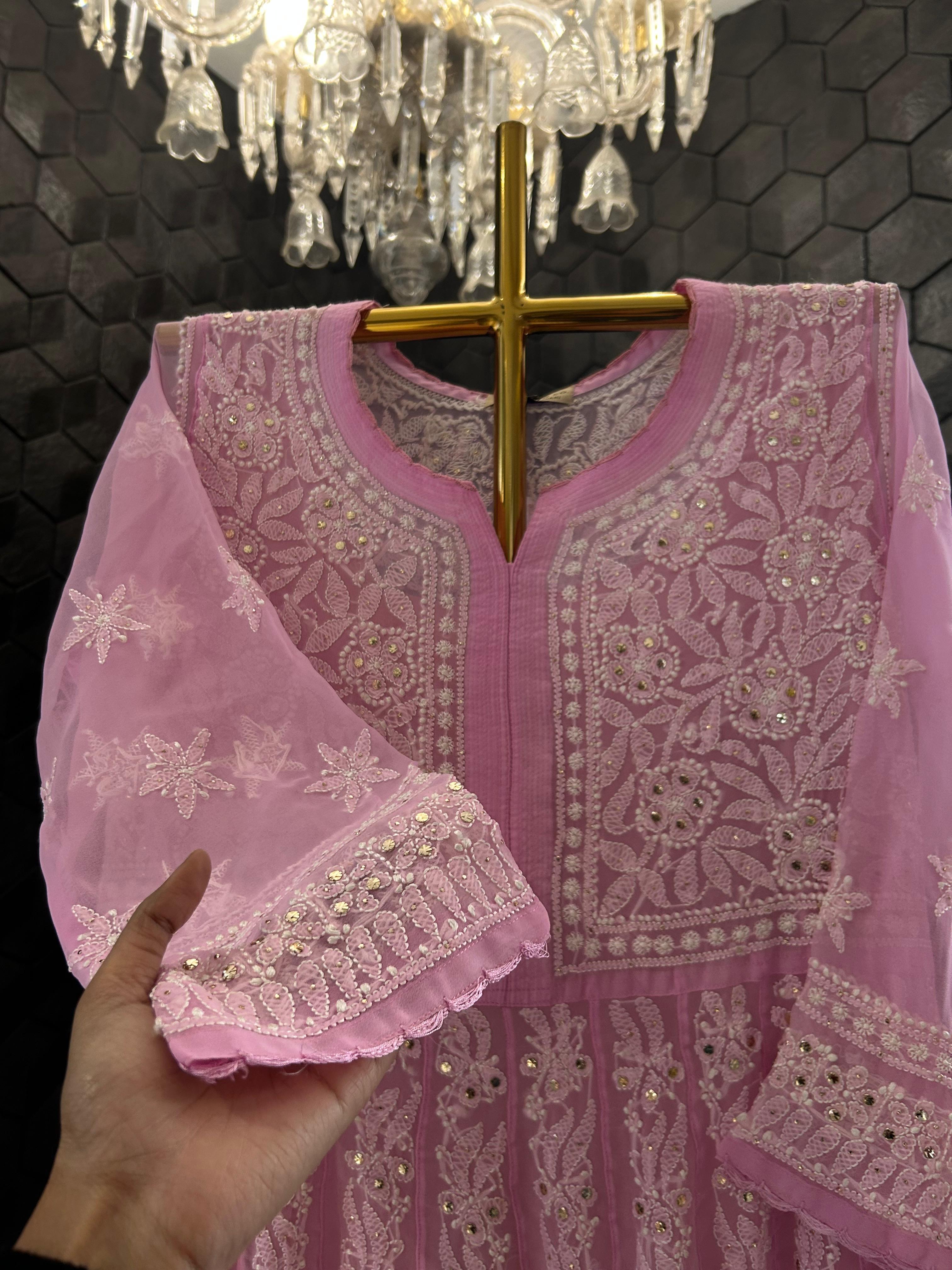Pink Viscose chikankari anarkali set