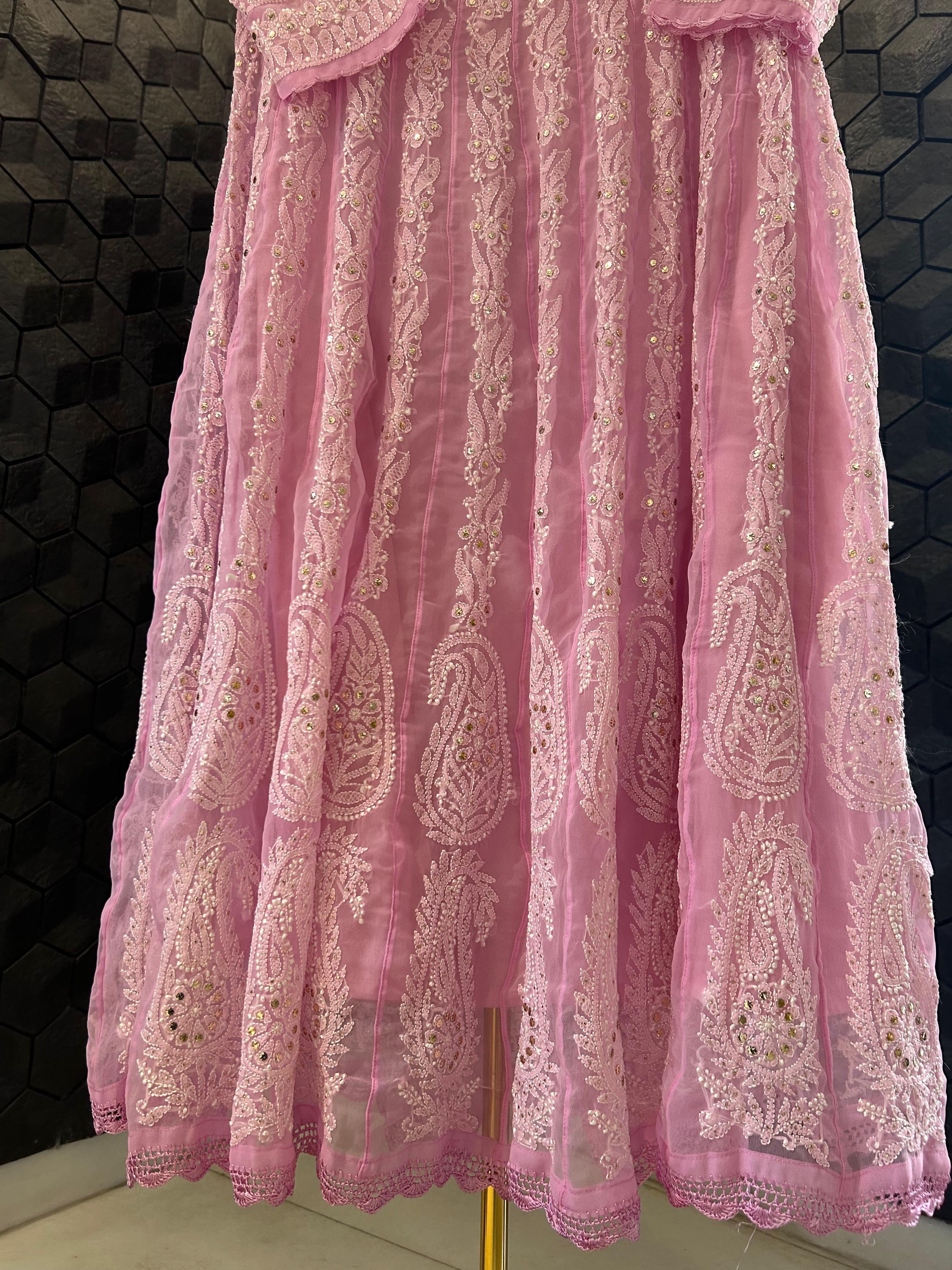 Pink Viscose chikankari anarkali set