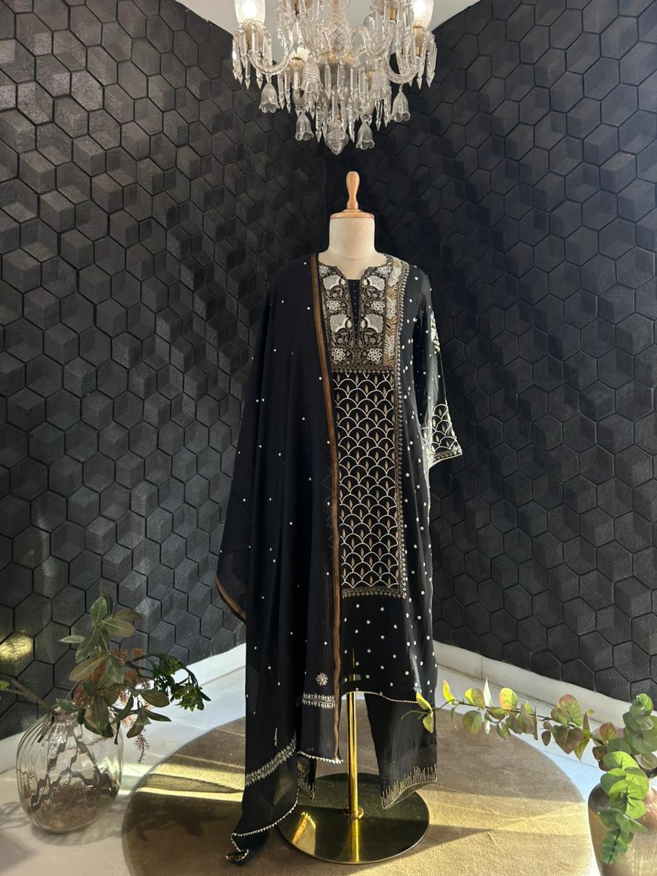 Black Mul Chanderi Chikankari Suit Set
