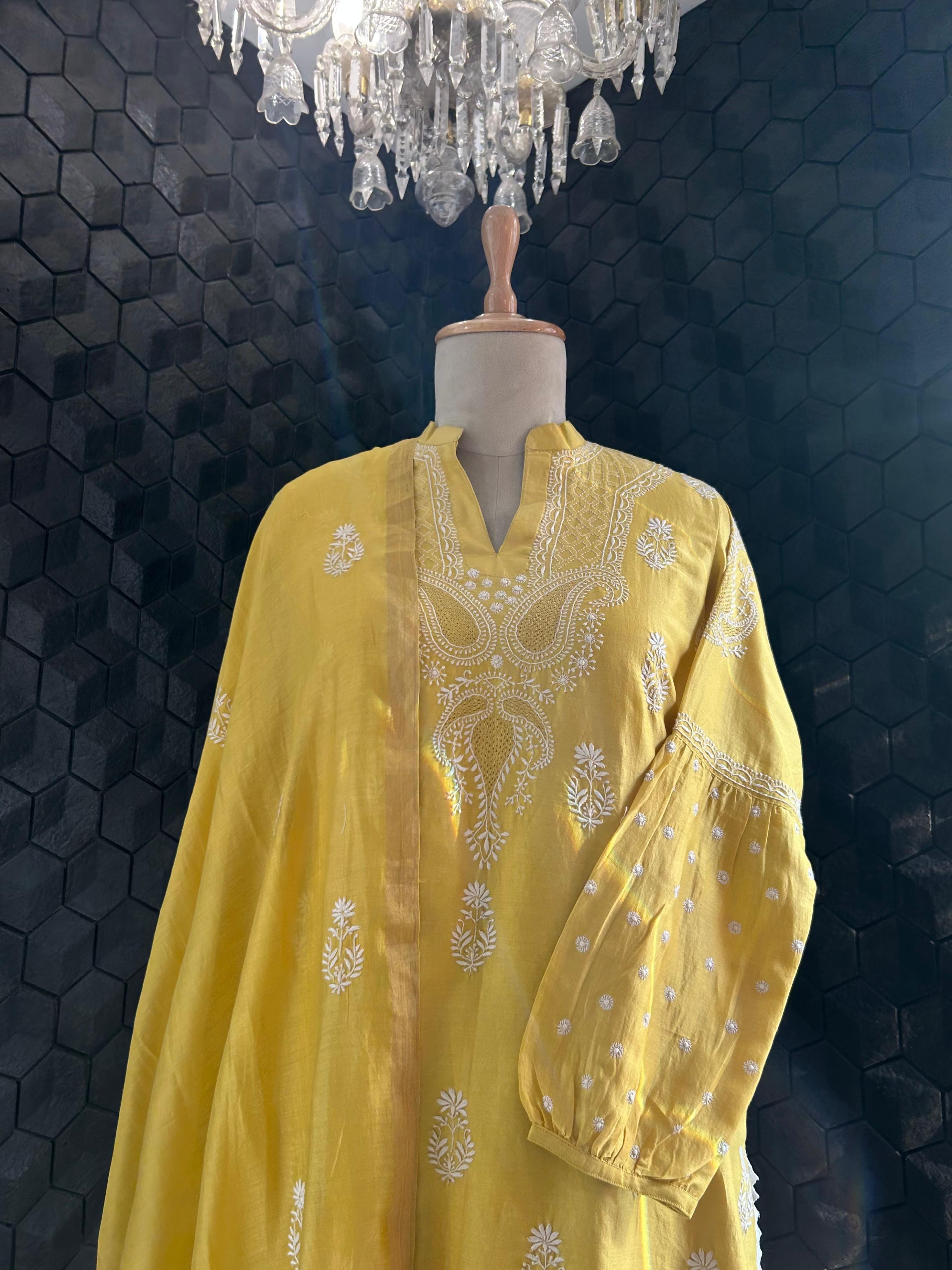 Yellow chanderi chikankari kurta set