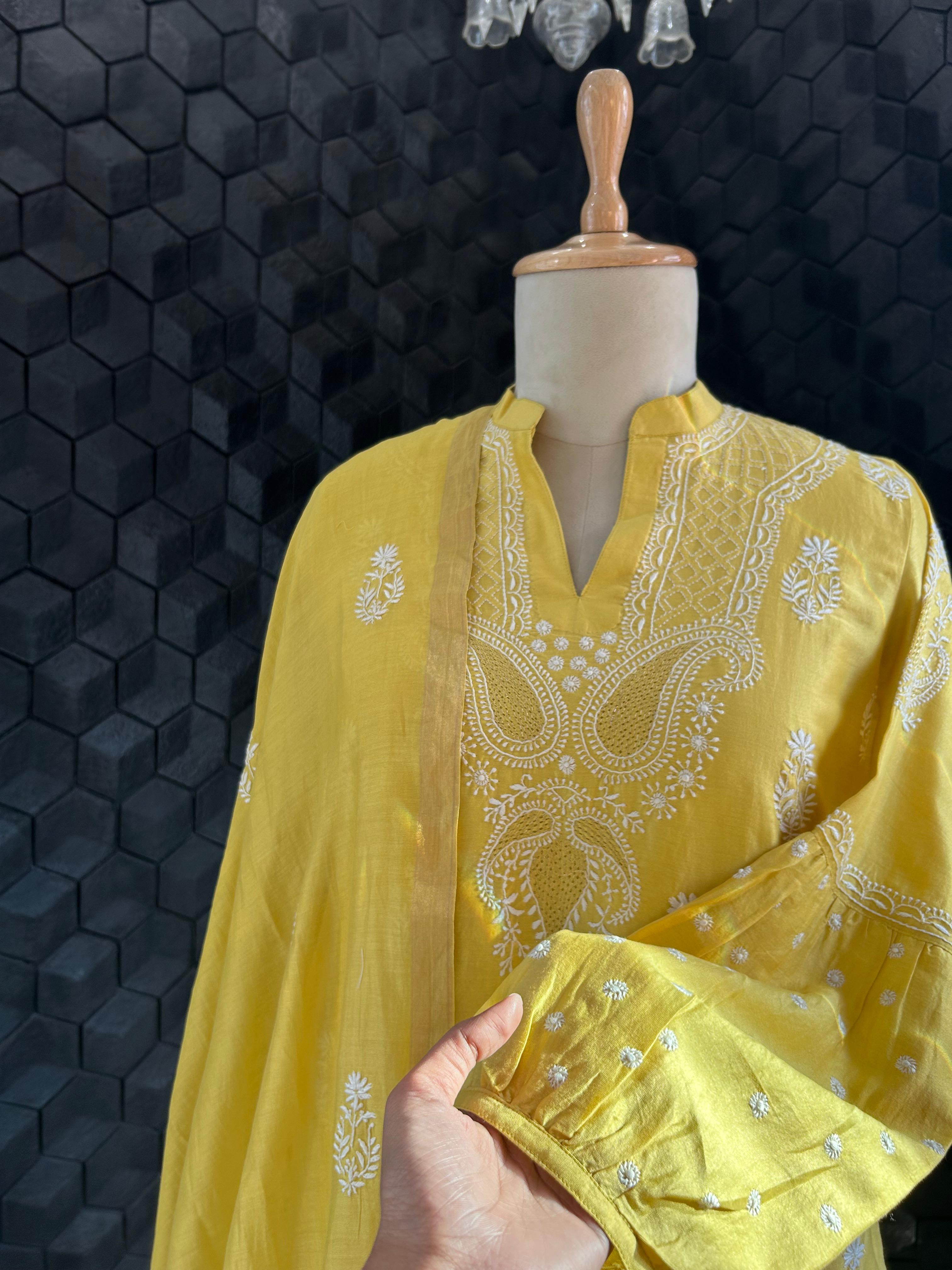 Yellow chanderi chikankari kurta set