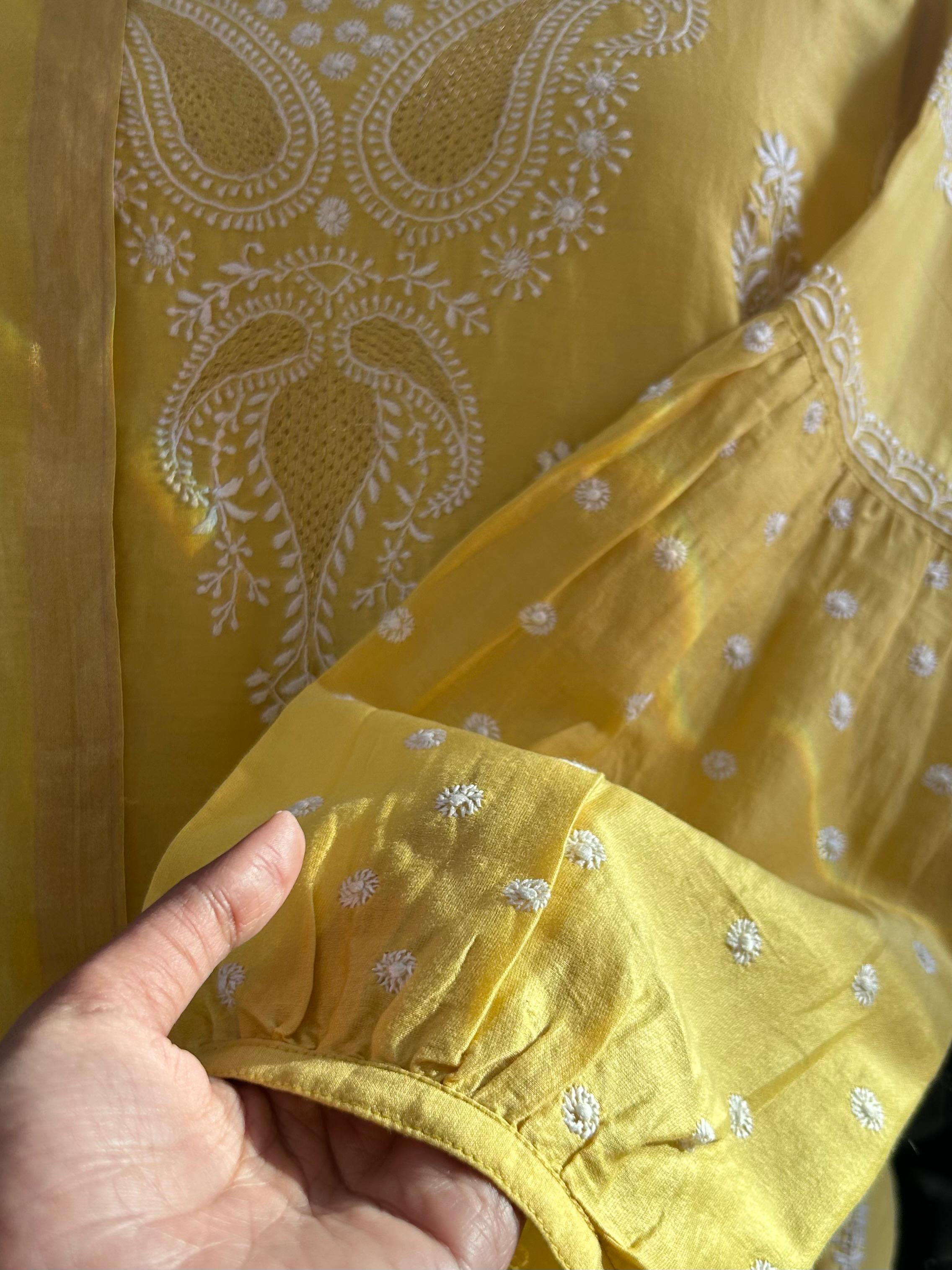 Yellow chanderi chikankari kurta set