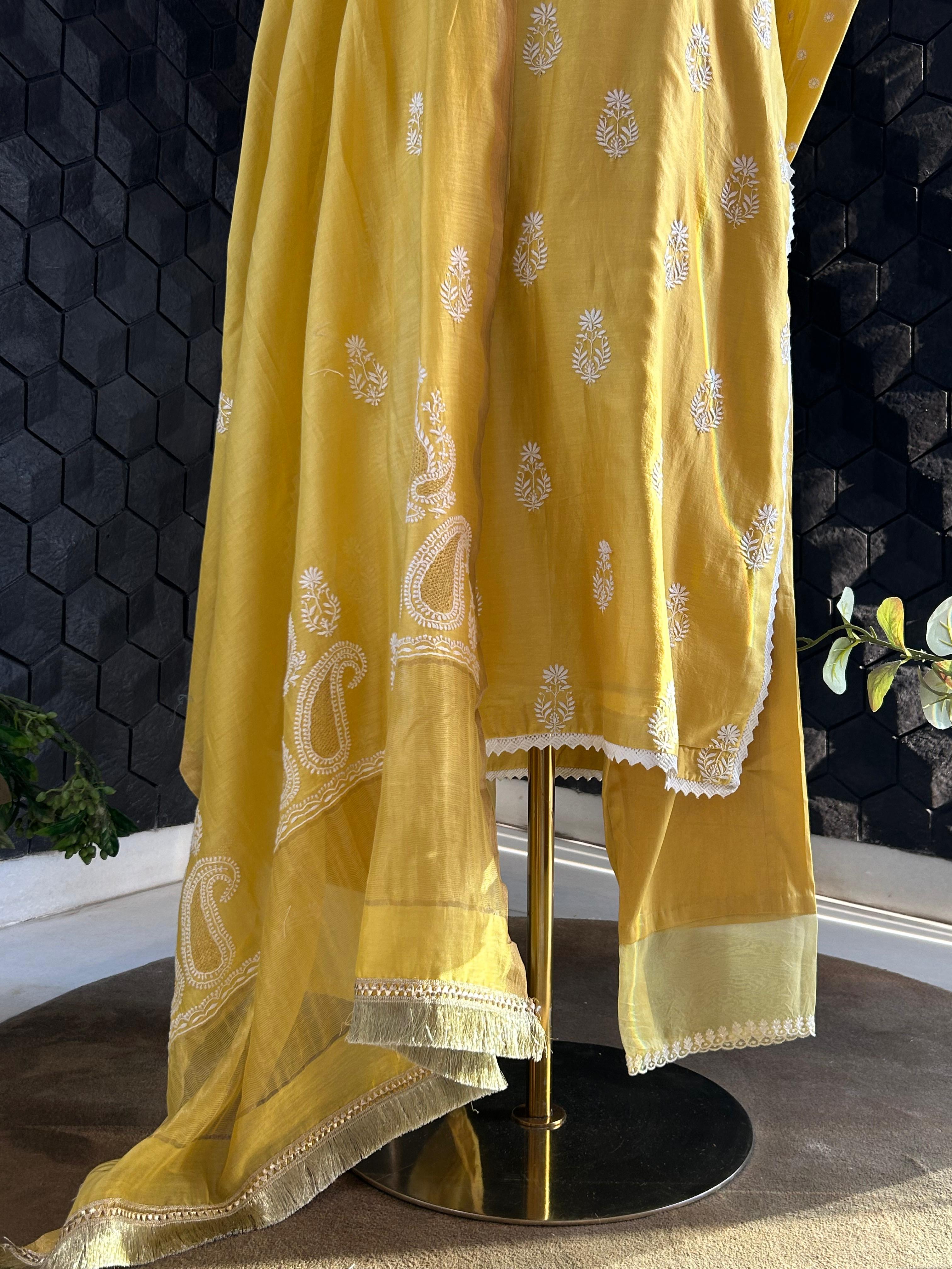 Yellow chanderi chikankari kurta set