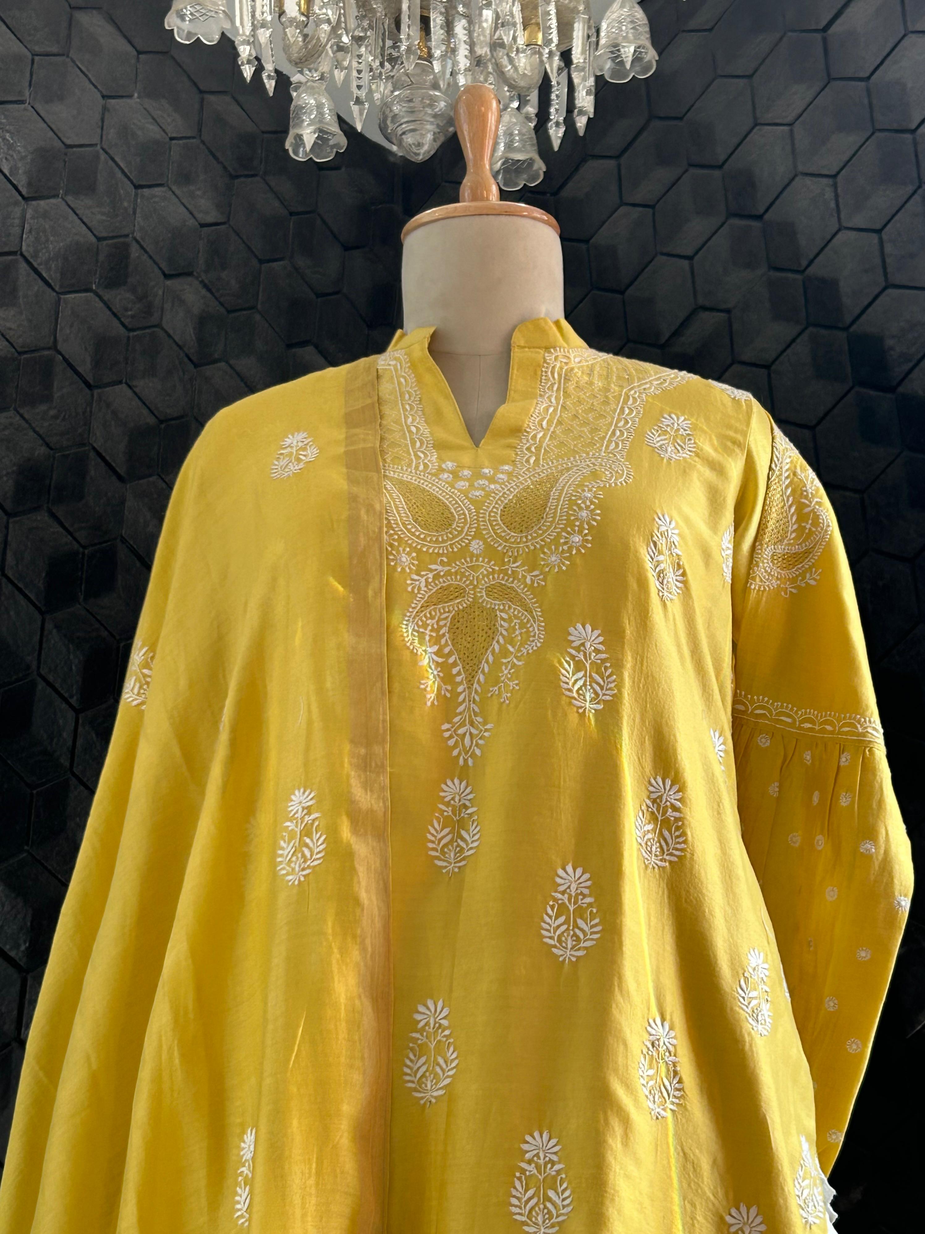 Yellow chanderi chikankari kurta set