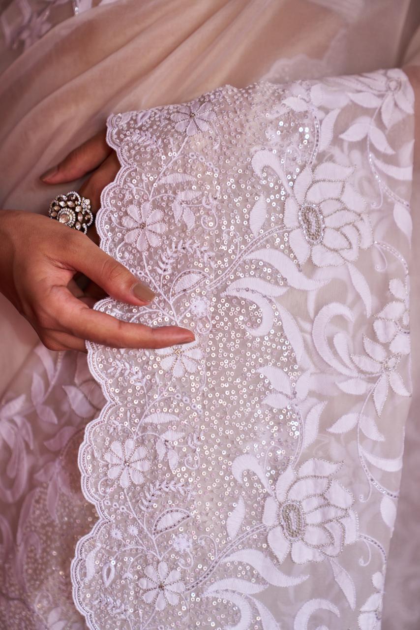 White organza chikankari saree