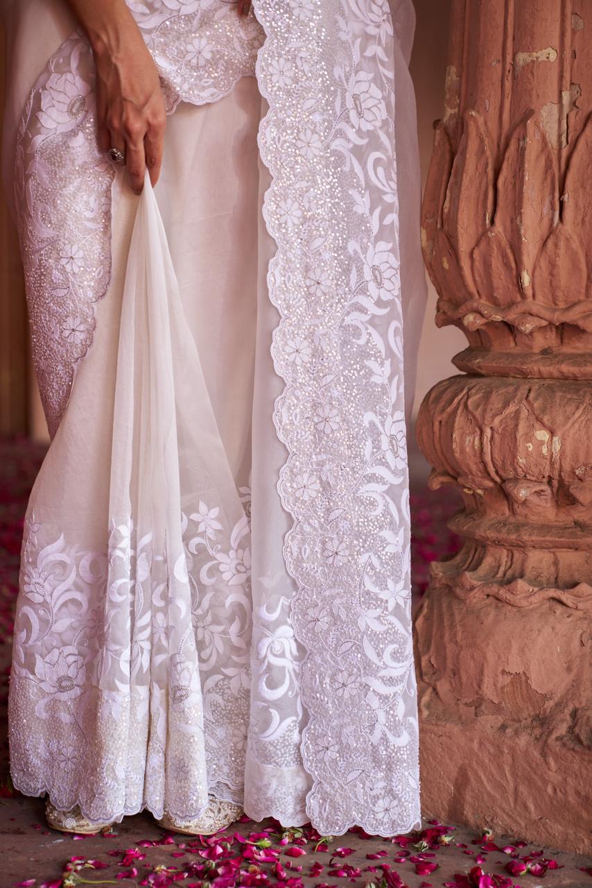 White organza chikankari saree