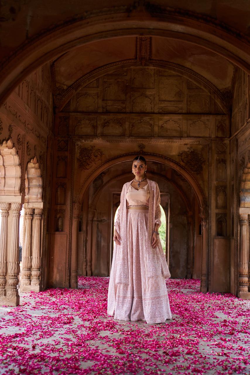 Peach ek-taar georgette chikankari lehenga