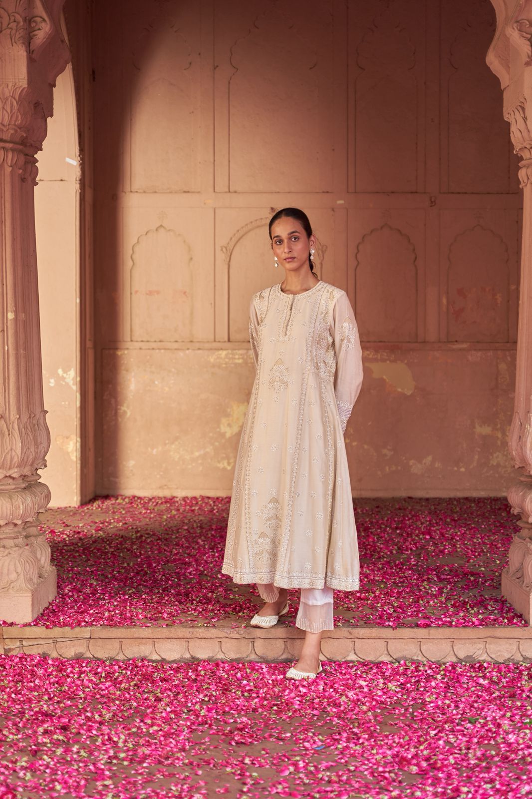 White Maheshwari Chanderi Chikankari Anarkali Set