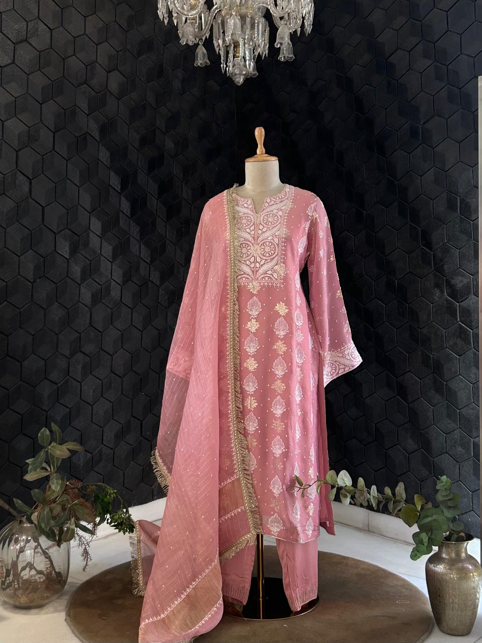 Pink Shimmer Organza Chikankari Suit Set