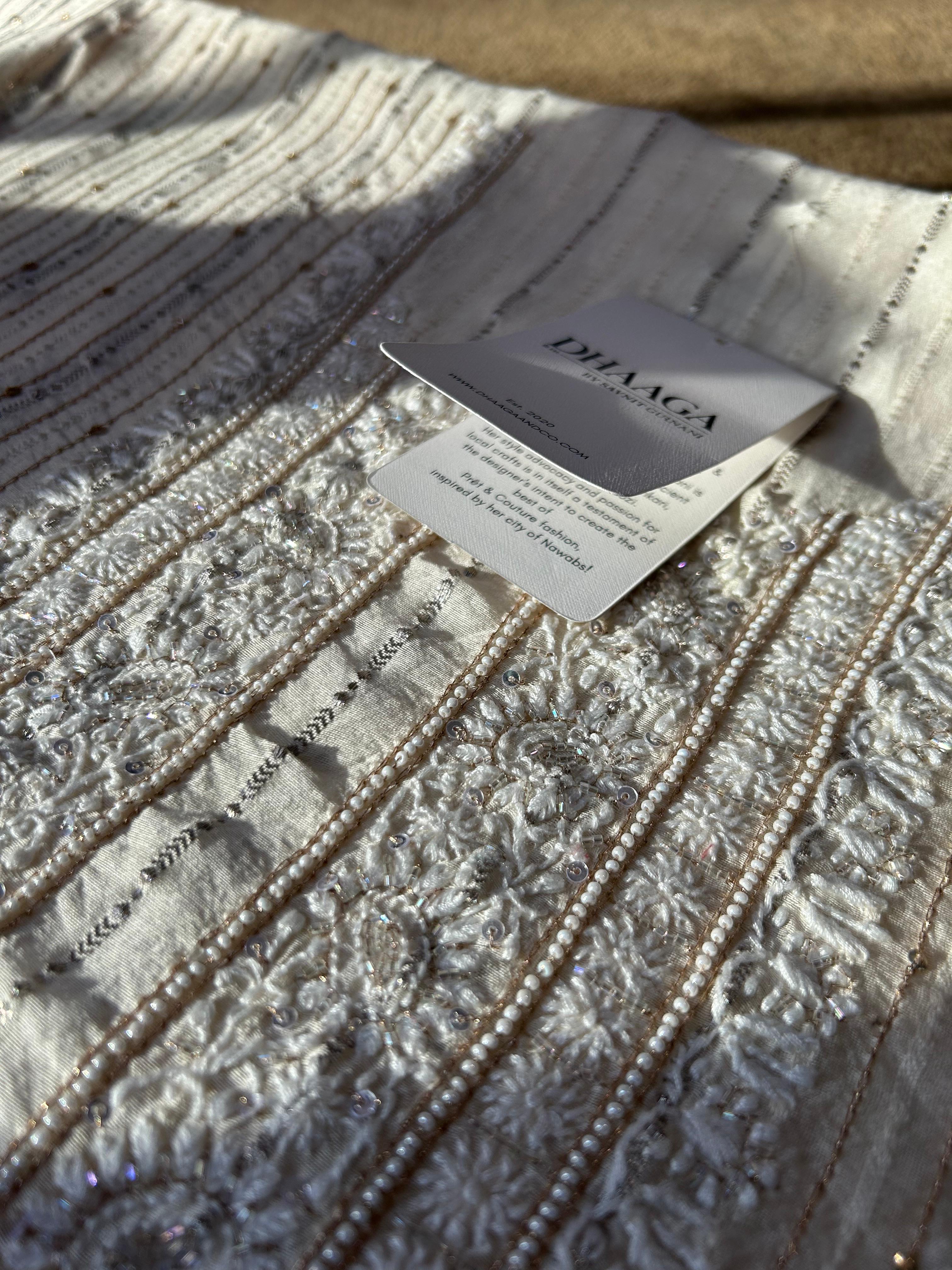 Beige  Chanderi  Chikankari Striped Mens Kurta