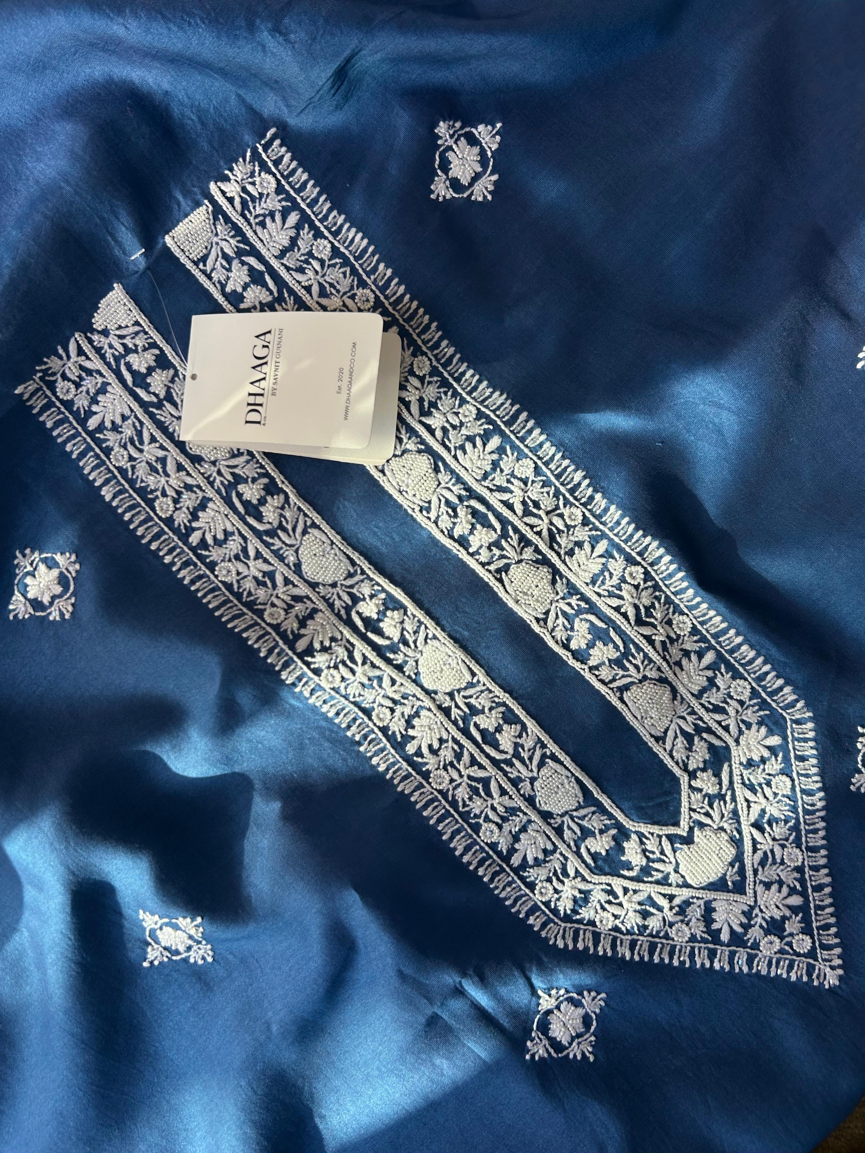 Blue Chanderi Chikankari Mens kurta