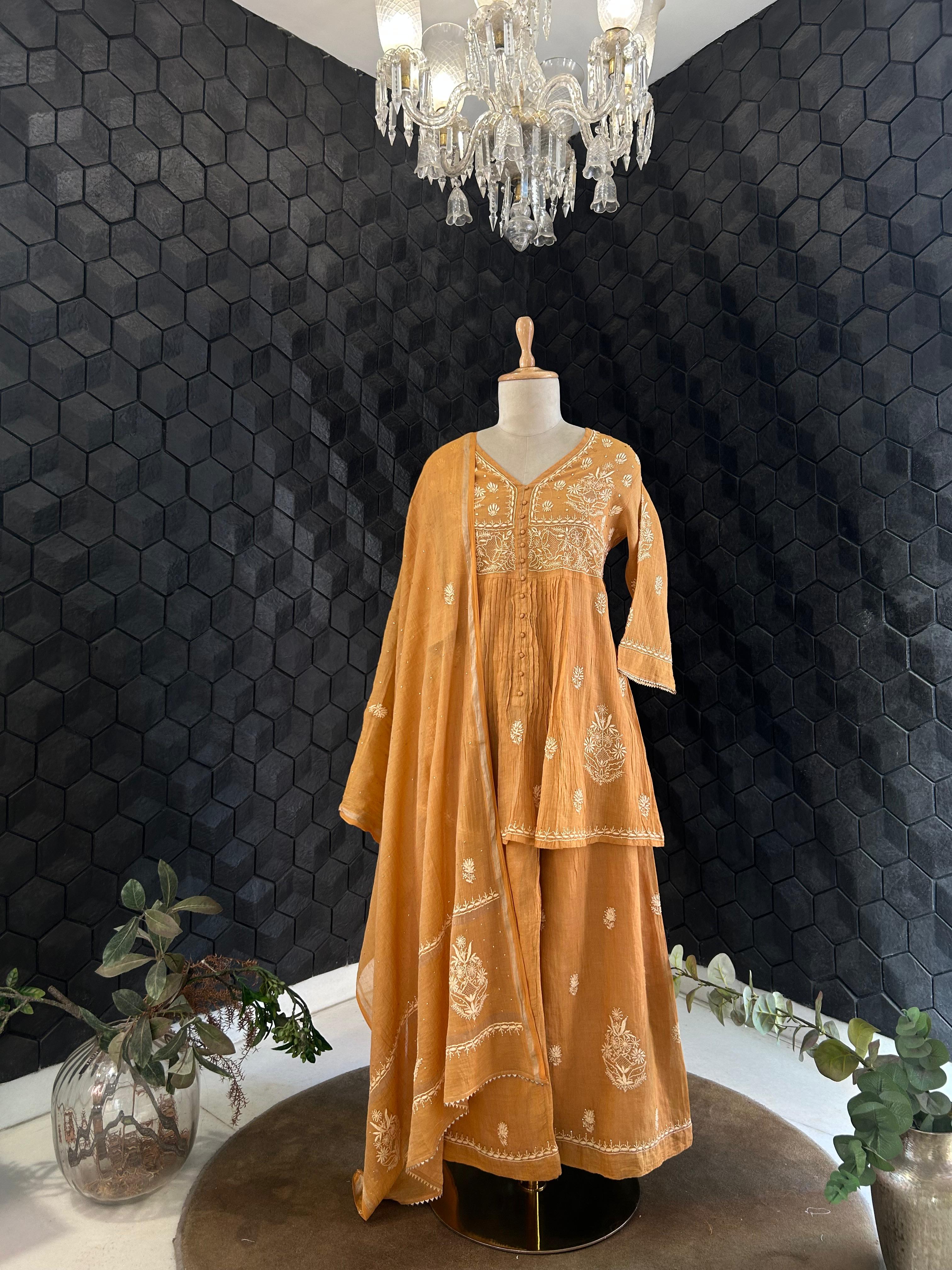 Orange Silver Tissue Chikankari Garara Set