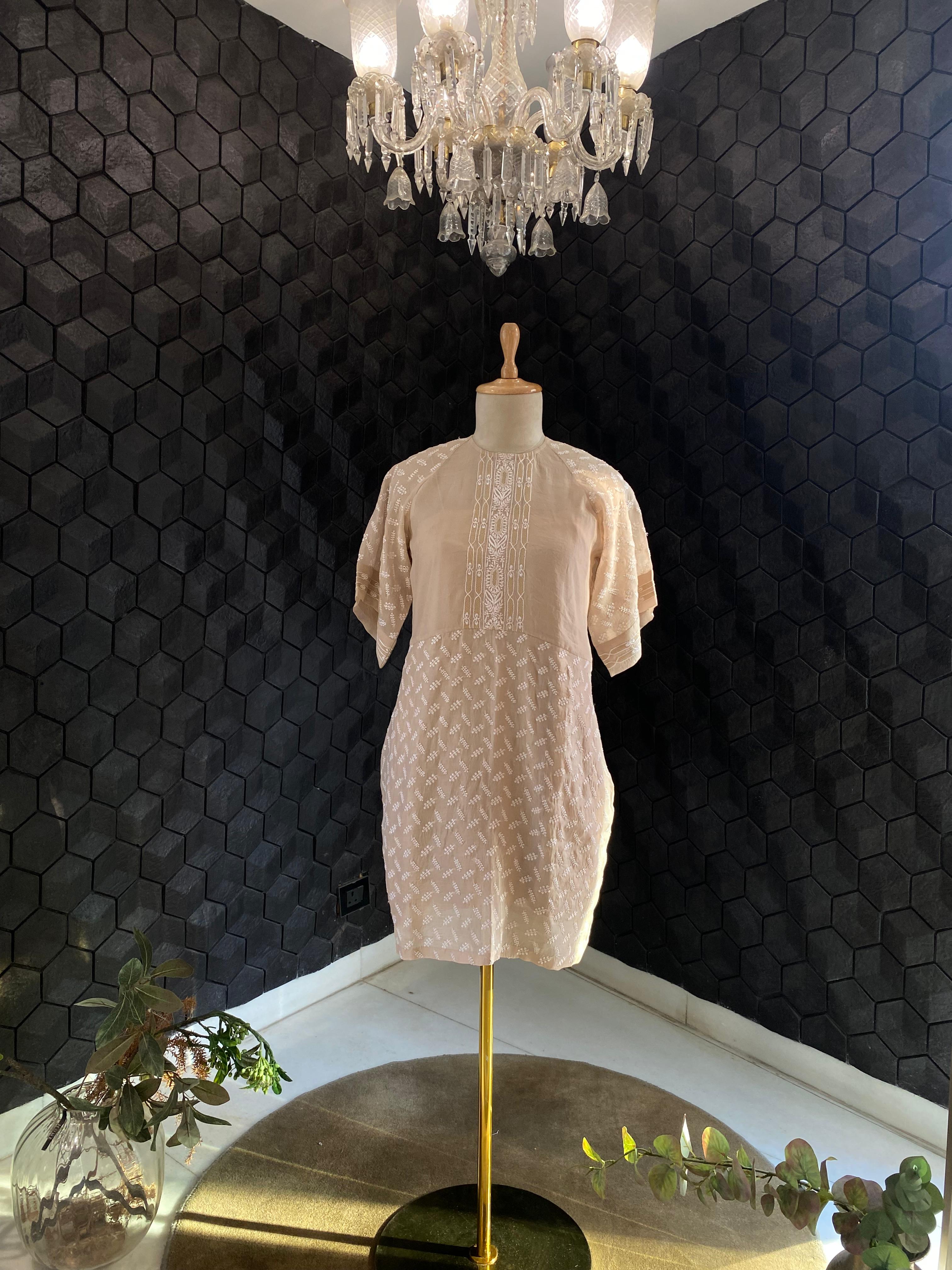 Beige Organza Chikankari Dress