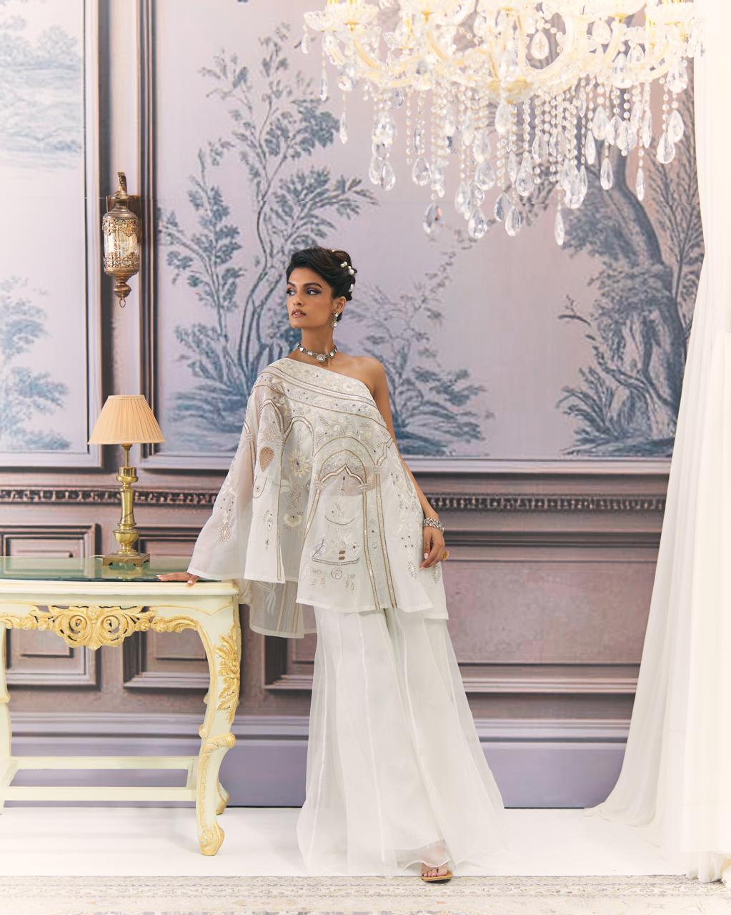 One-Shoulder Organza Chikankari  Sharara Set