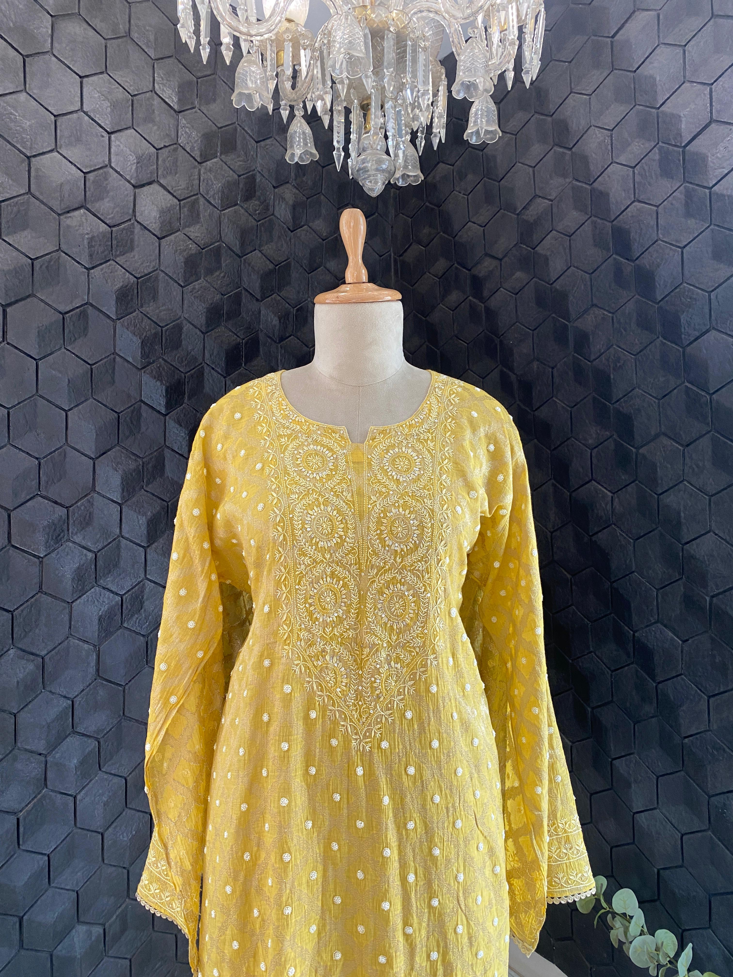 Yellow Silver Tissue Chikankari Co-ord Set