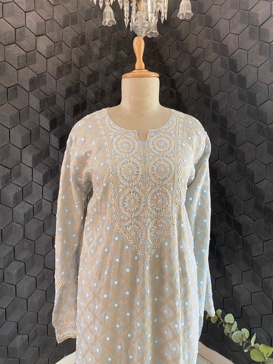 Grey Silver Tissue Chikankari Co-ord Set