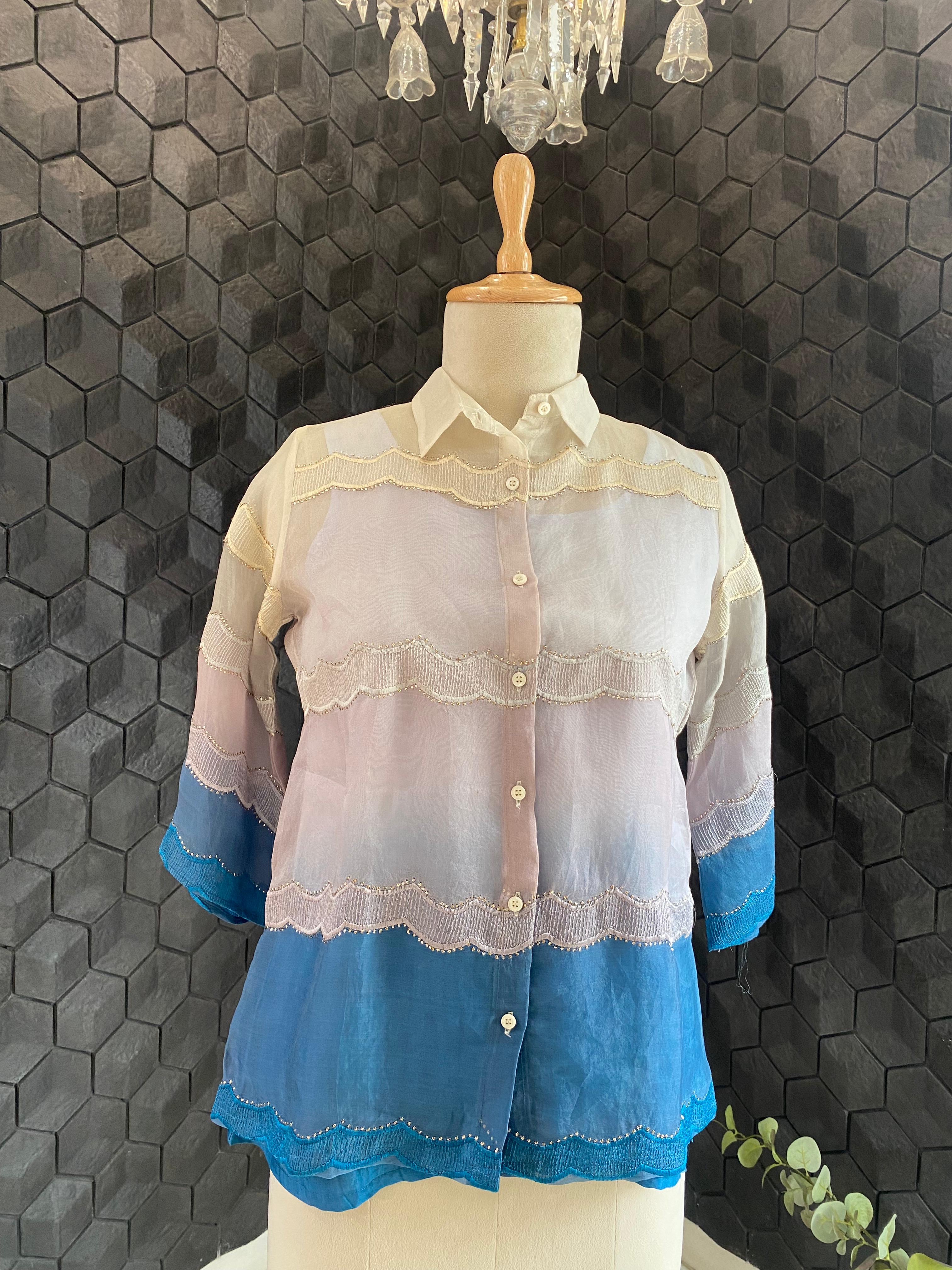 Blue Organza Mukaish Shirt
