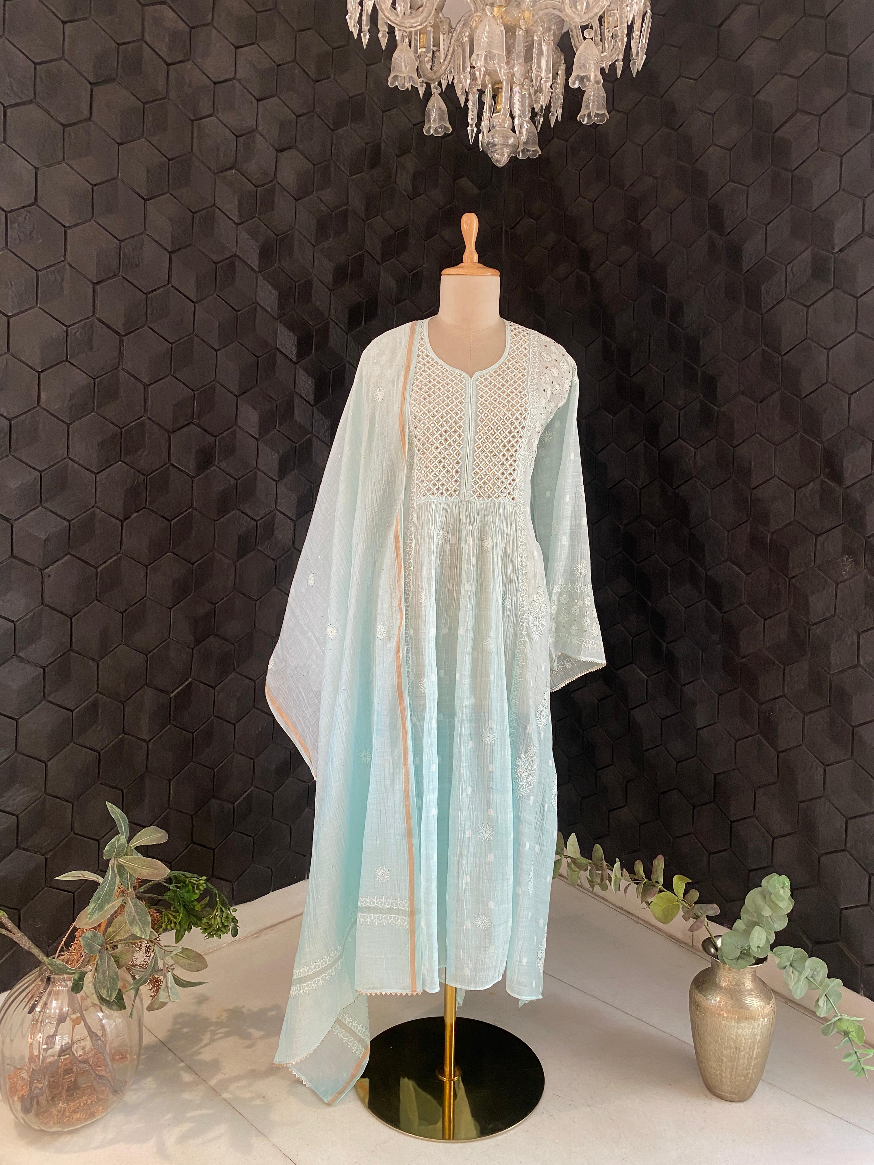 Sea Green Mul Chanderi Chikankari Mukaish Kurta Set