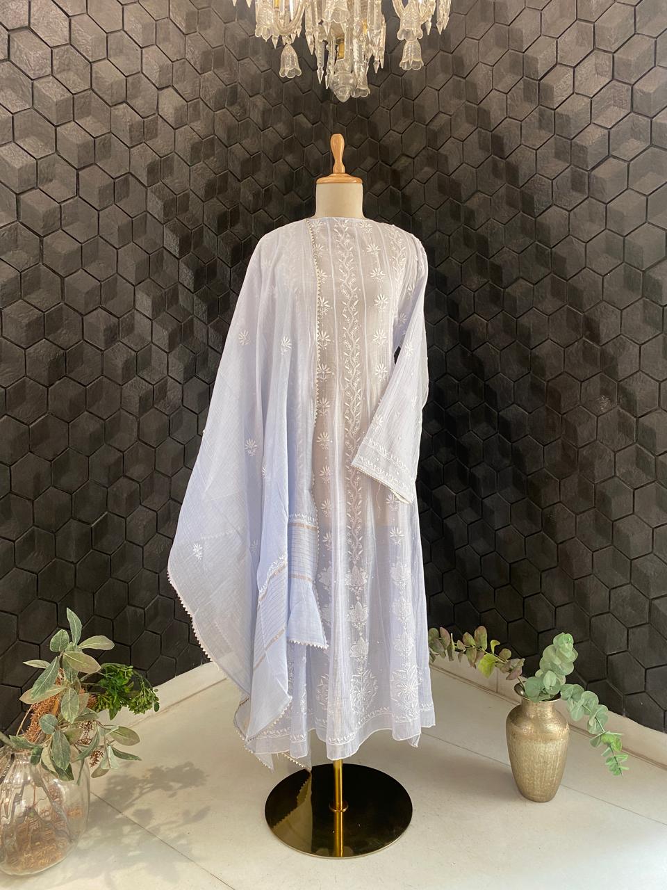 Blue Mul Chanderi Chikankari Anarkali Set