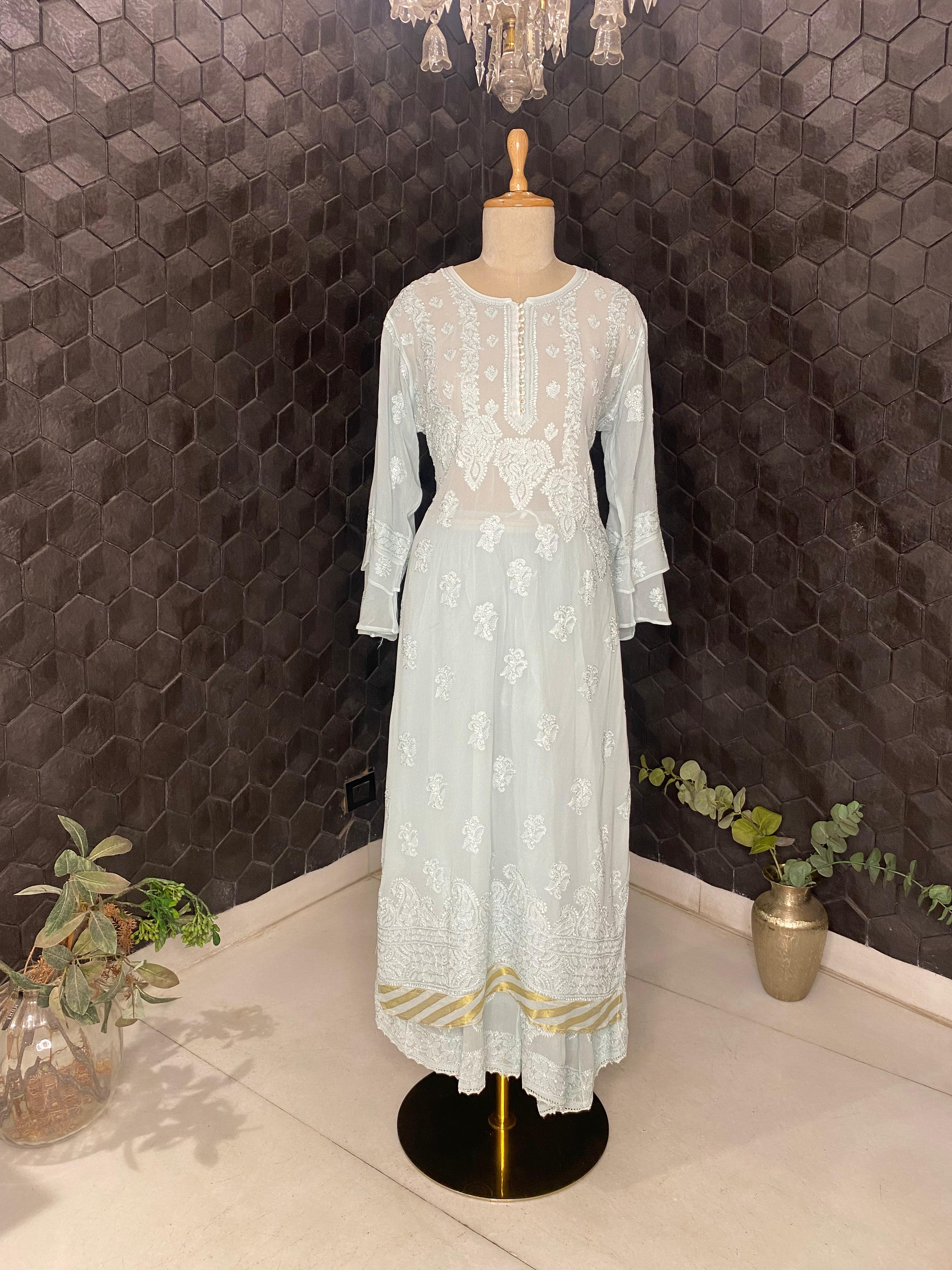 Grey Viscose Chikankari Sharara Set