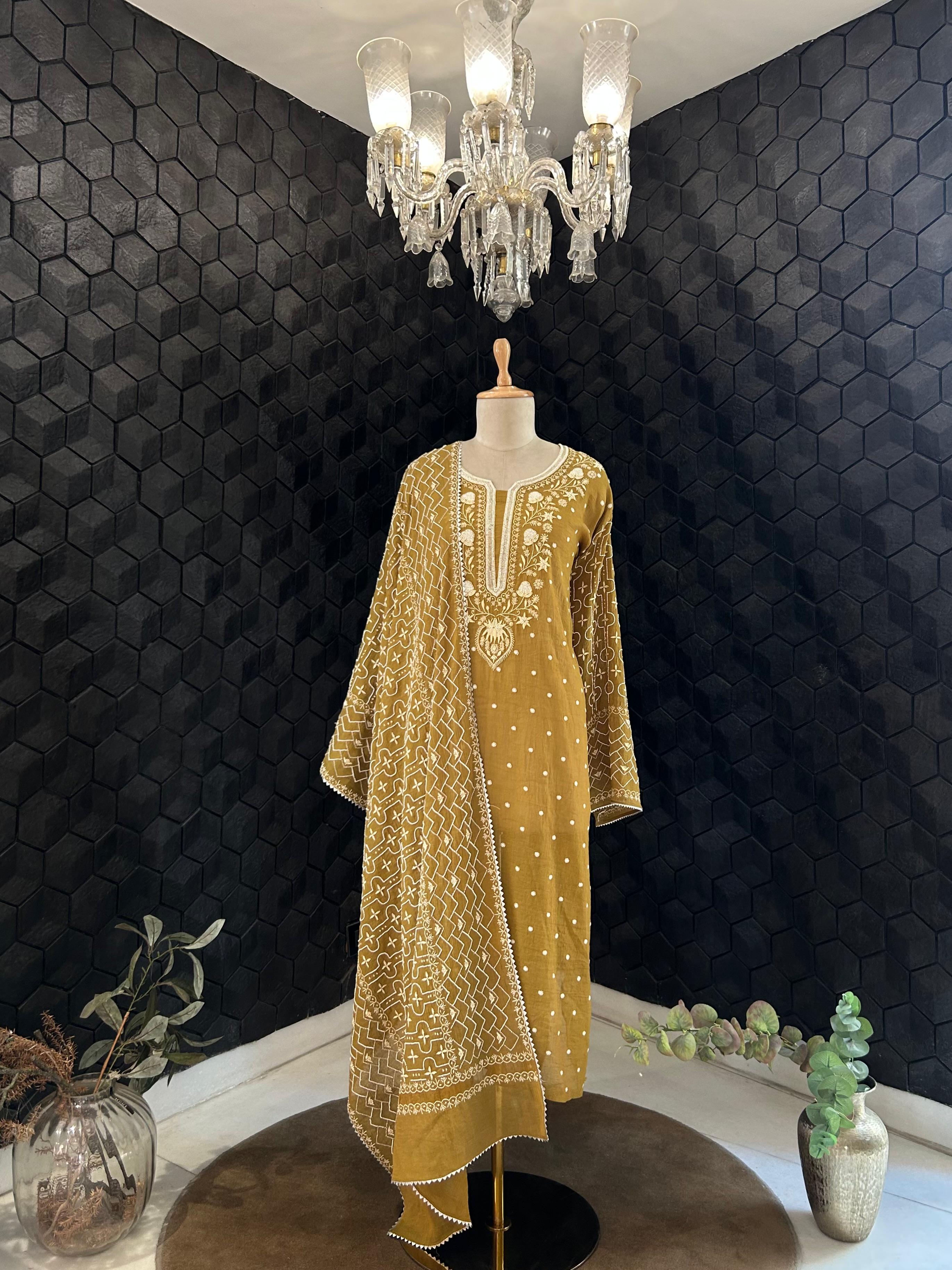 Green Tissue Chikankari Kurta Set