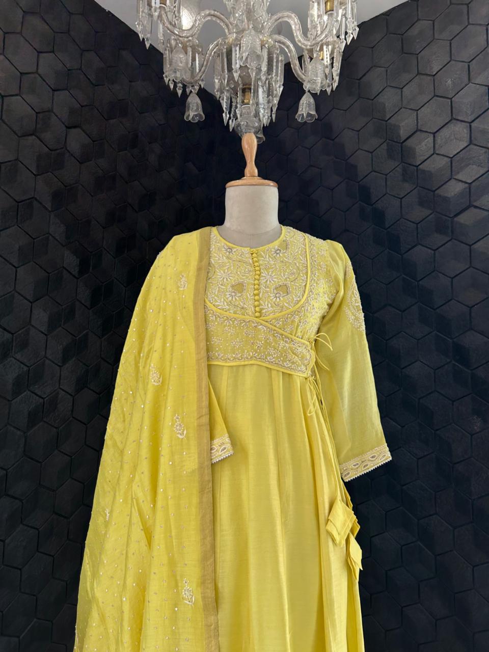 Yellow Chanderi Chikankari Angrakha Anarkali Set